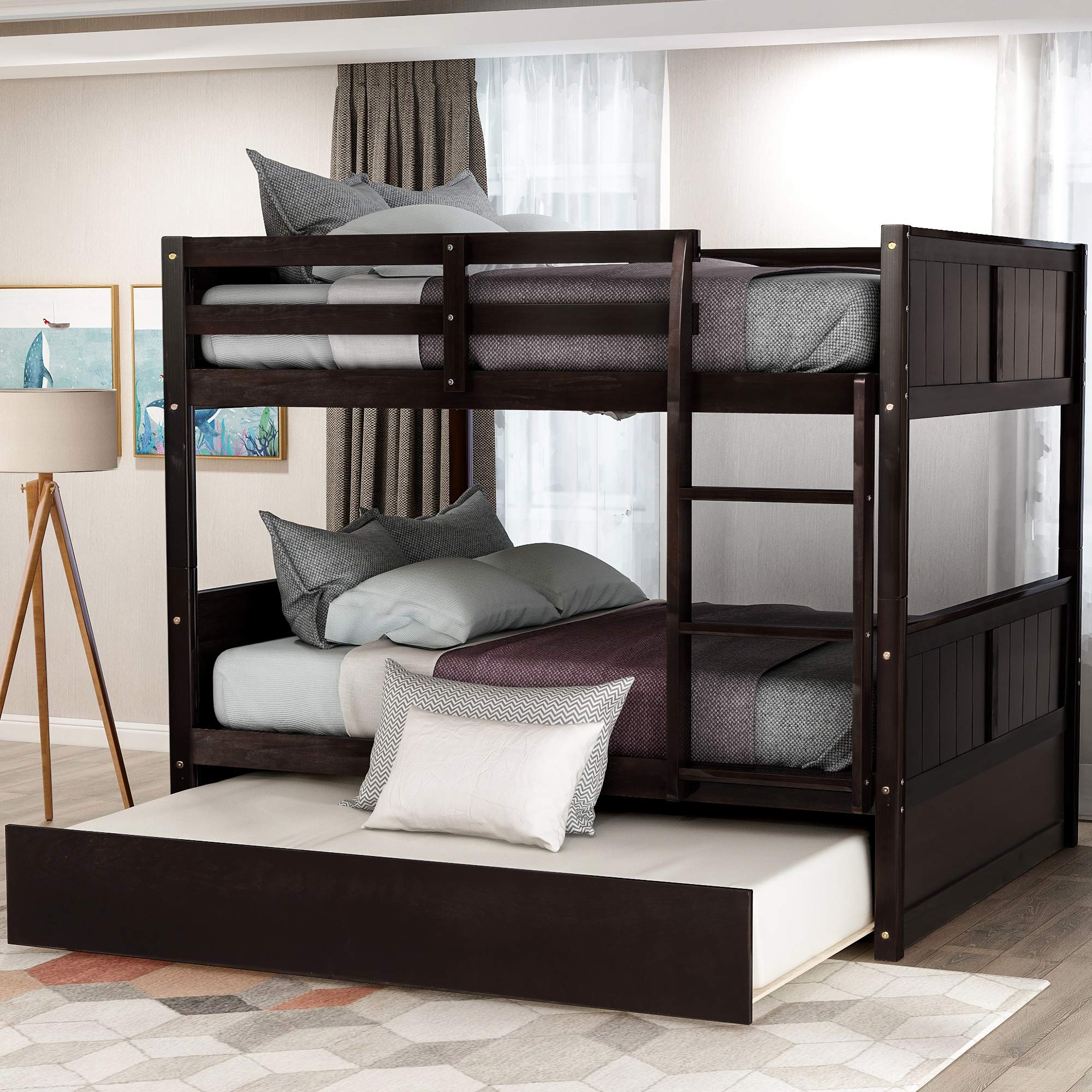 MERITLINE Solid Wood Full Over Full Bunk Bed with Detachable Design & Trundle - Kids Floor Bunk Bed in Espresso Finish | Perfect for Small Bedrooms, Guest Rooms & Kids' Shared Spaces
