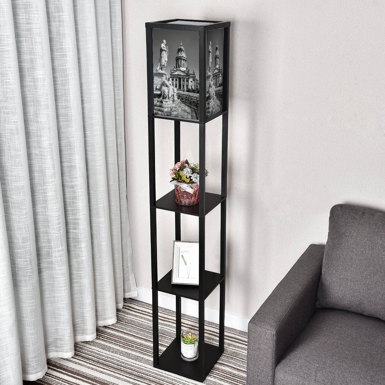 Corner Floor Lamp with Shelves & Stone Statue - Schiller French Dome Berlin Tall Standing Lamp with 3-Color Temperature LED & Linen Lampshade - Perfect for Living Room, Bedroom, Study & Office Lighting