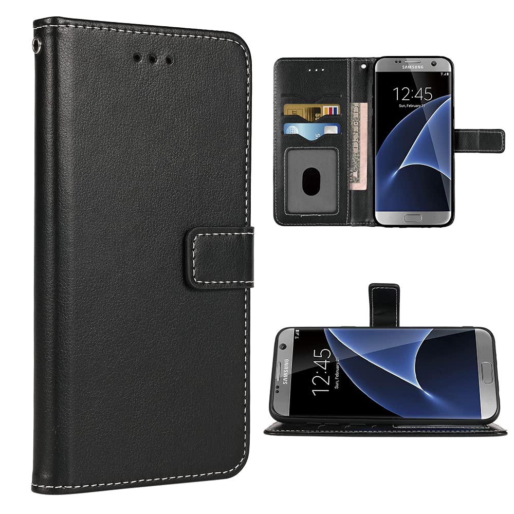 Samsung Galaxy S7 Edge Wallet Case with Wrist Strap - Leather Flip Cover Card Holder & Stand - Compatible with Galaxy S7 Edge/S7 Plus/GS7 (Black) - Perfect for Work, Travel & Everyday Protection