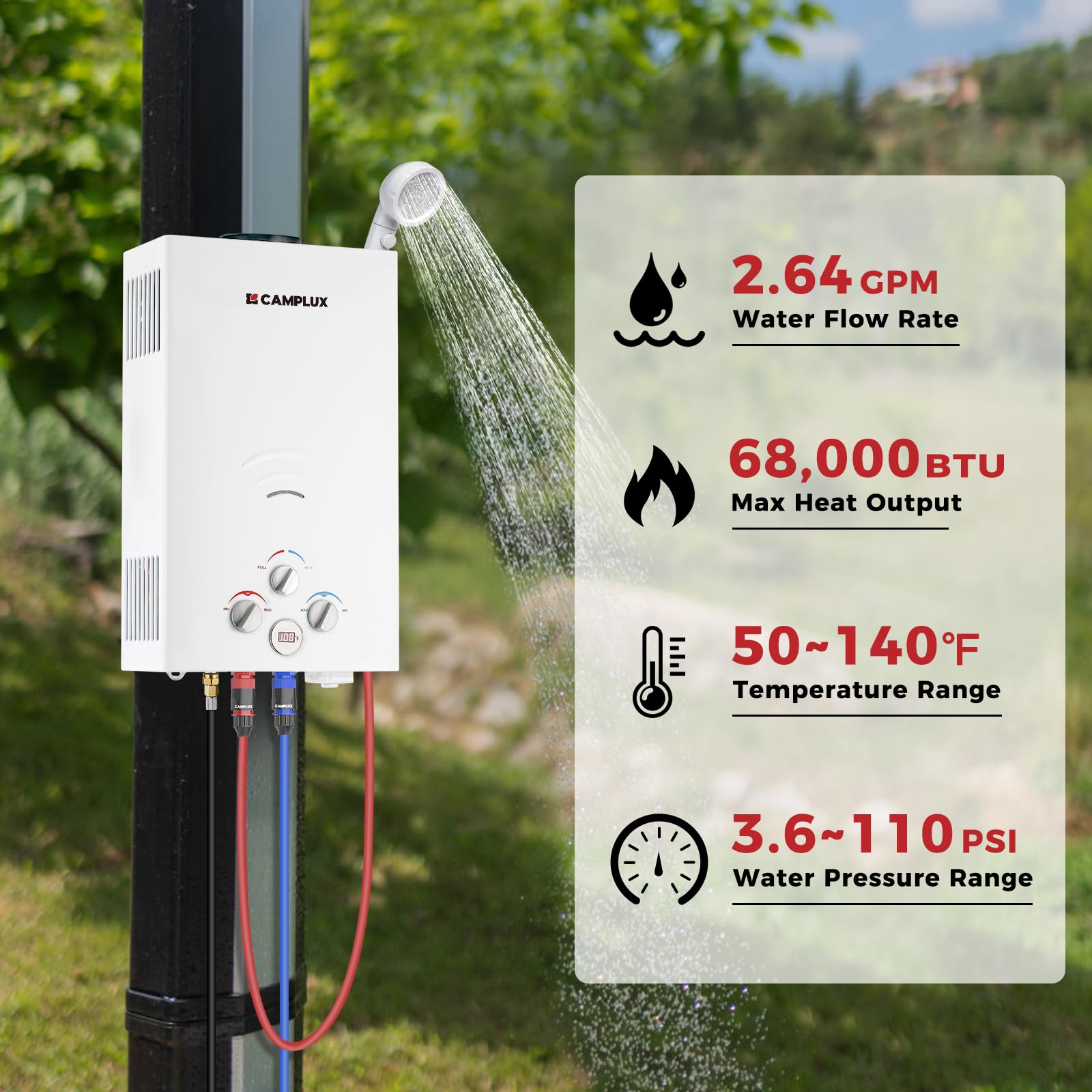 Camplux 2.64GPM Propane Tankless Water Heater with 3.3GPM Pump - 68,000 BTU Portable Hot Water System for Camping, RV, Off-Grid Cabins & Outdoor Showers | Includes Pipe Strainer for Clean Water Supply