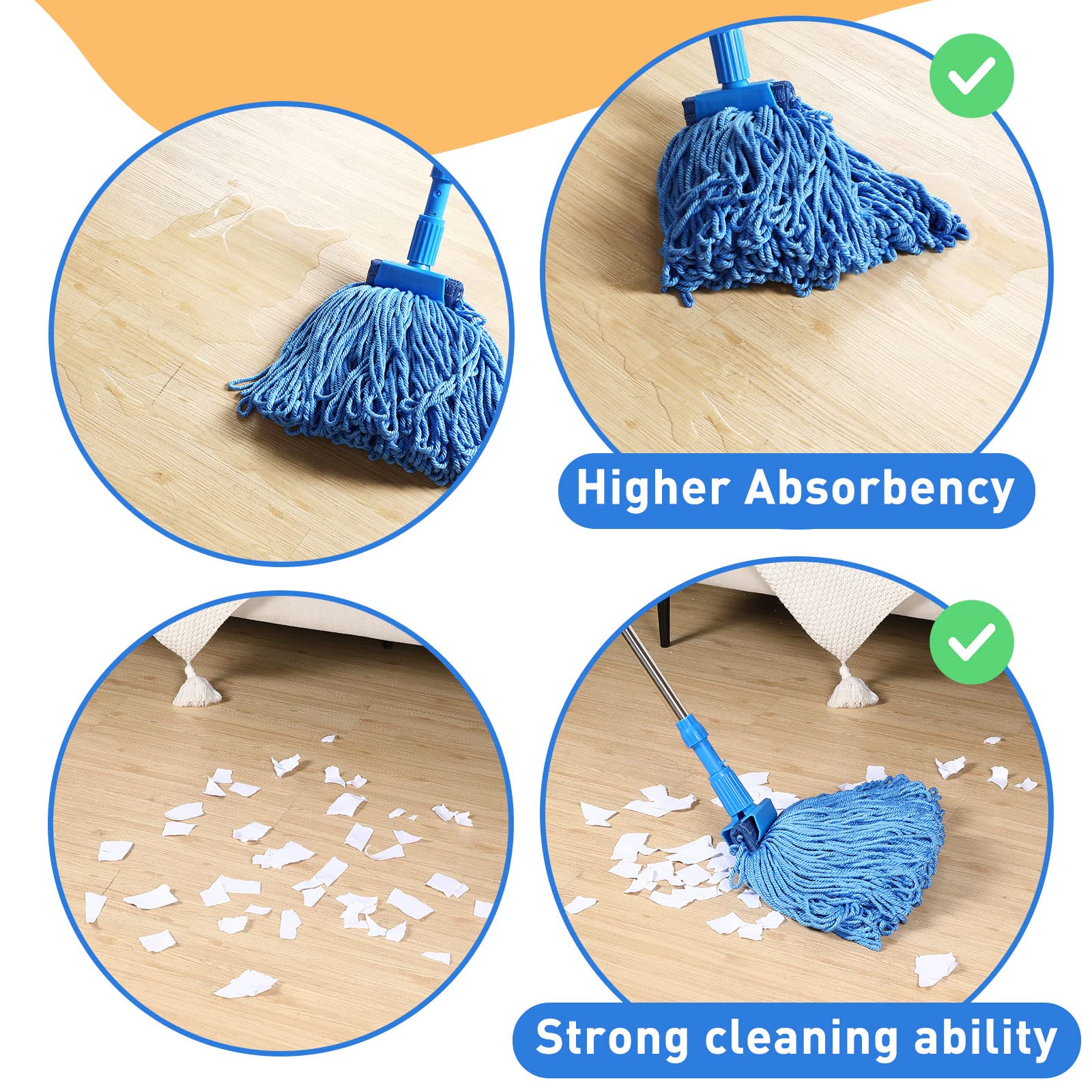 6-Pack Heavy Duty 16oz Blue Cotton Mop Heads - Commercial Floor Cleaning Refills