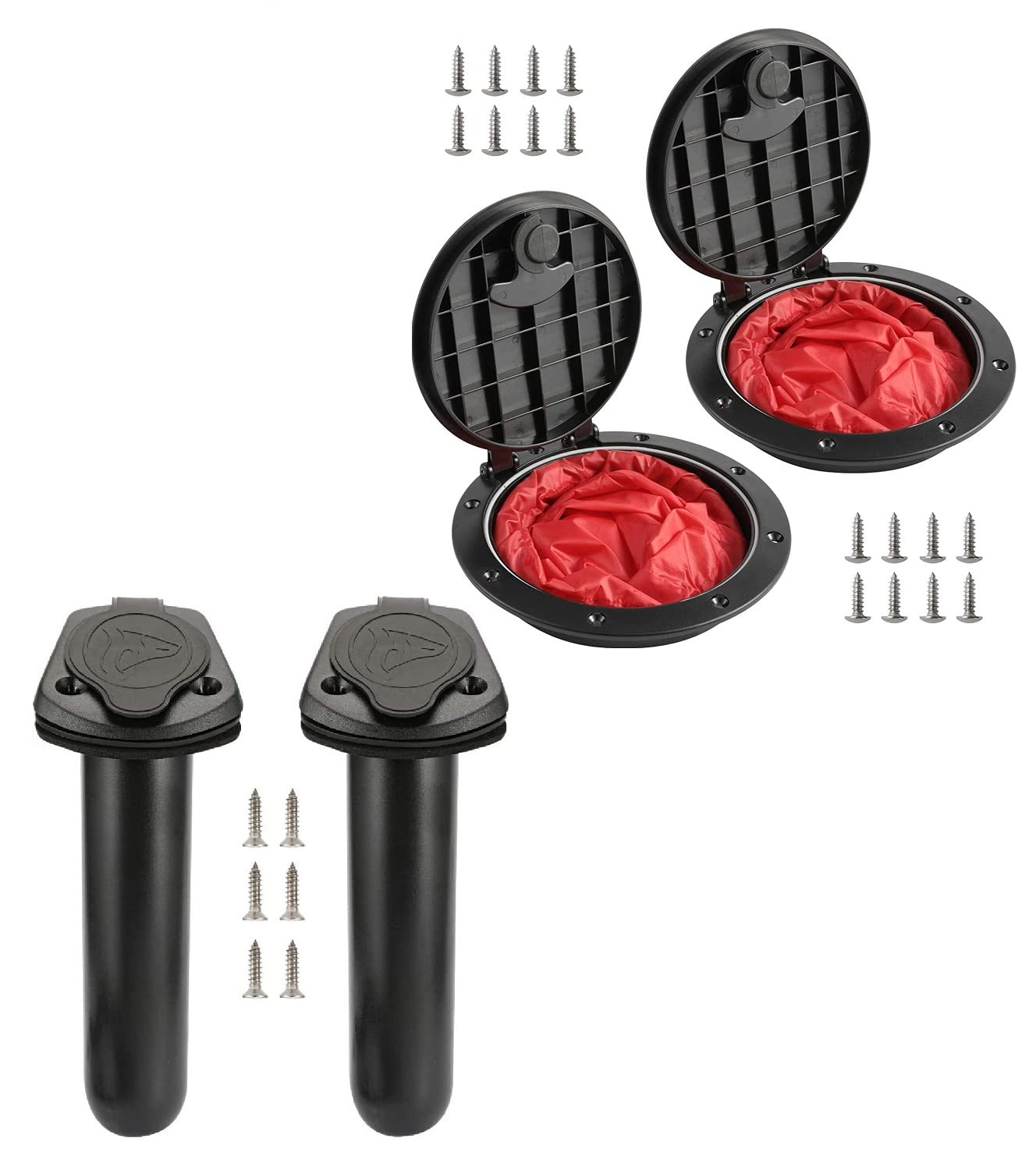 2 PCS 6'' Black Deck Plate Kit with Storage Bag & 2 Kayak Rod Holders - Waterproof Marine Hatch for Fishing Boats, Kayaks, Yachts | Perfect for Rod Storage, Gear Access & Deck Organization