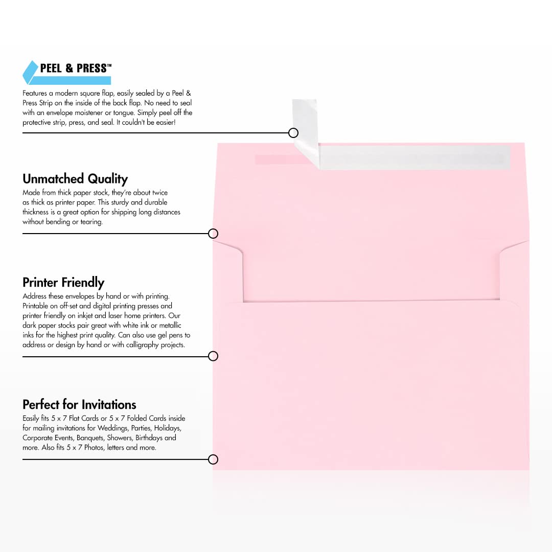 LUXPAPER A7 Invitation Envelopes 5x7 Cards - 80 lb Candy Pink Printable Envelopes with Peel & Press Seal (1000 Pack, 5.25