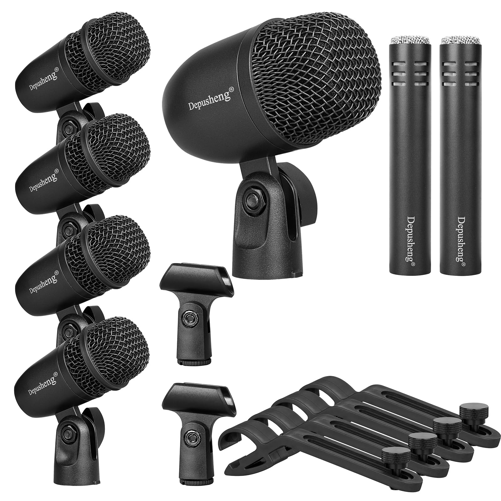 Depusheng 7-Piece Drum Microphone Kit - 5 Dynamic & 2 Condenser Percussion Mics for Professional Drum Recording, Live Performances & Studio Music Production | Perfect for Drum Kits, Snare, Toms & Cymbals