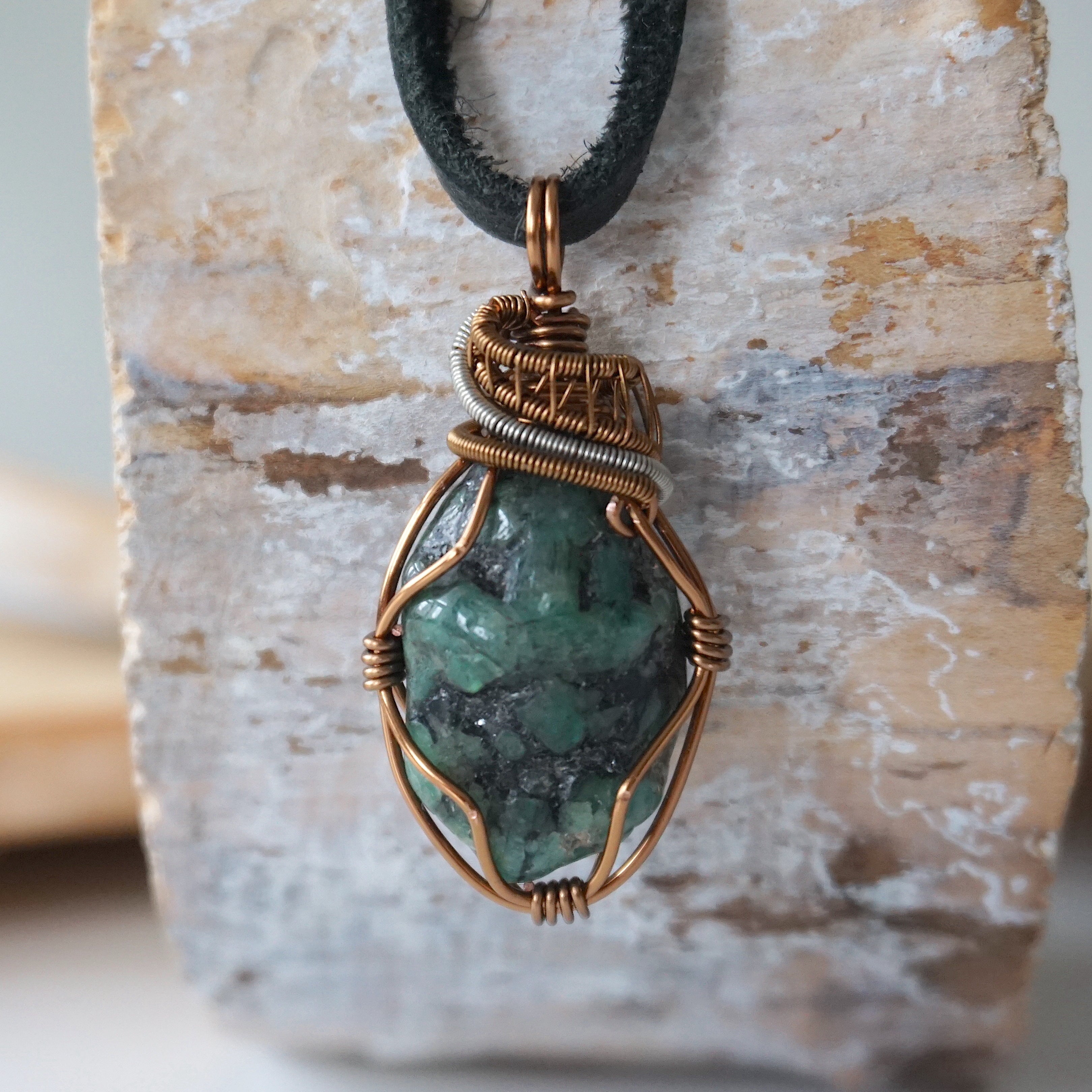 Handmade Men's Raw Emerald Necklace - Sterling Silver & Bronze Wire Wrapped Pendant with Black Leather Cord - Perfect for Gifts, Spiritual Healing & Boho Fashion