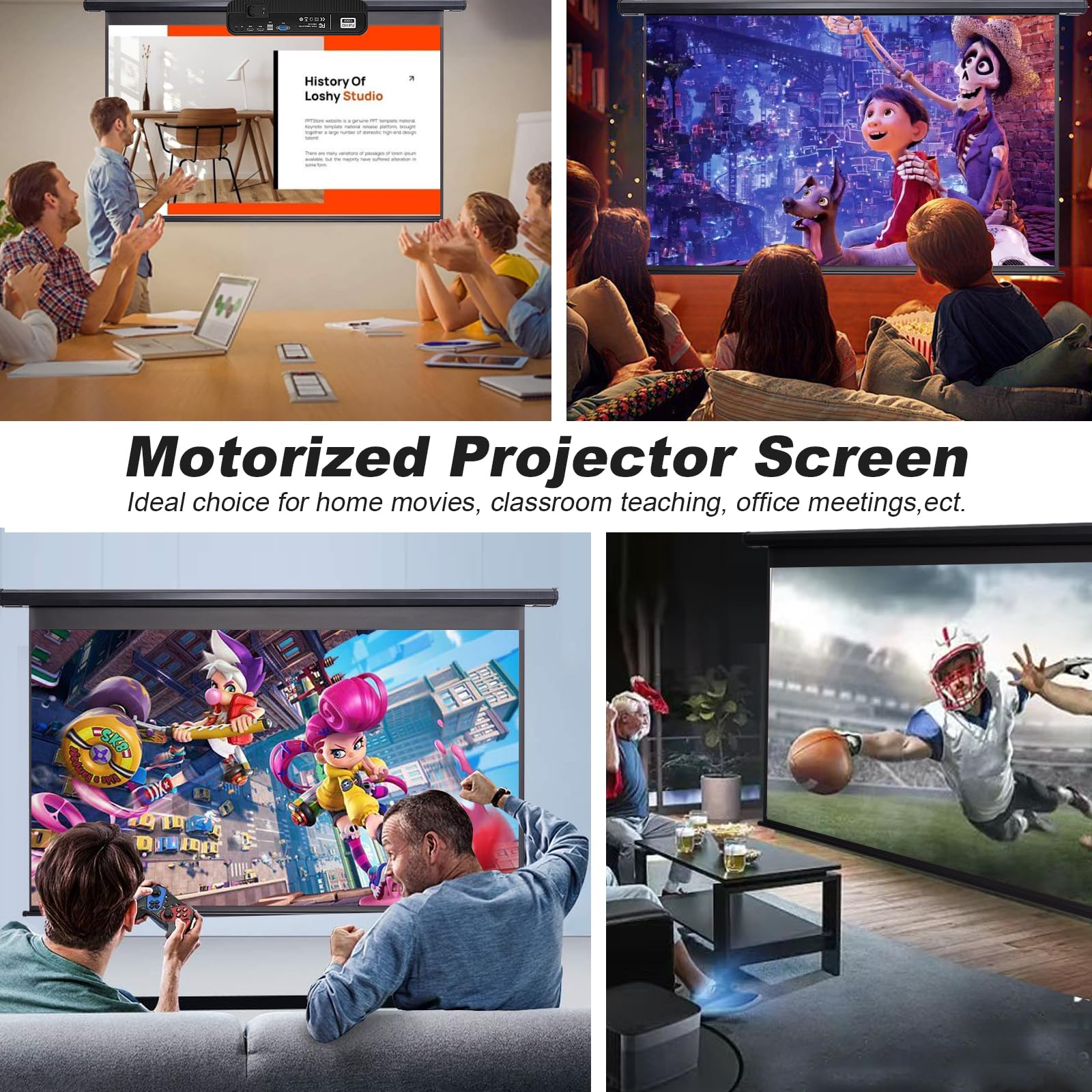 120 Inch Motorized Projector Screen 4:3 HD Electric Pull Down with Remote - Black Automatic Retractable Wall/Ceiling Mount Projection Screen for Home Theater, Office Presentations & Outdoor Movie Nights
