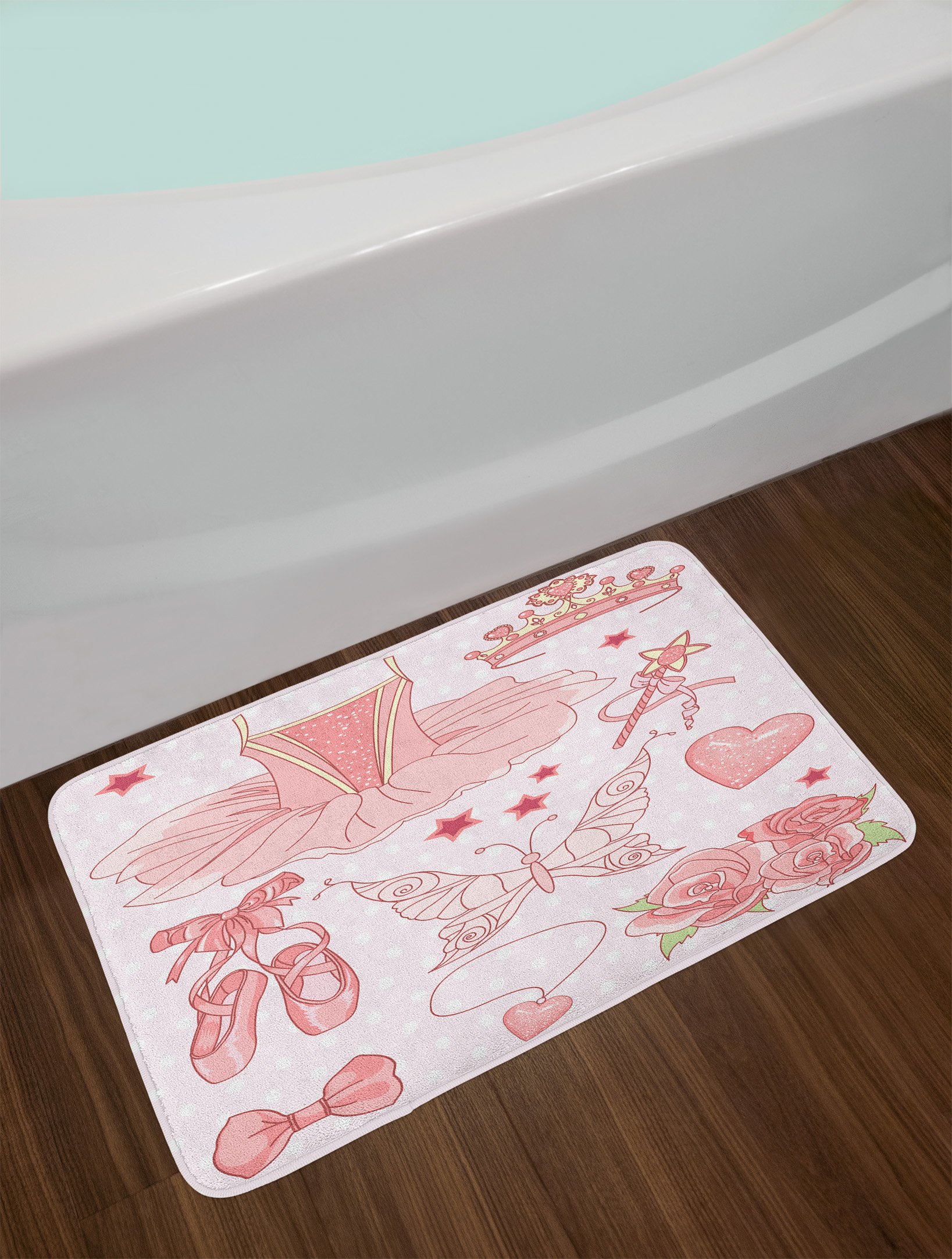 Lunarable Cartoon Ballerina Bath Mat - Non-Slip Plush Bathroom Rug with Classic Costume Shoes & Tiara Roses Design, 30.2 x 20 Inches, Pale Pink - Perfect for Kids' Bathroom, Ballet Theme Decor & Gift