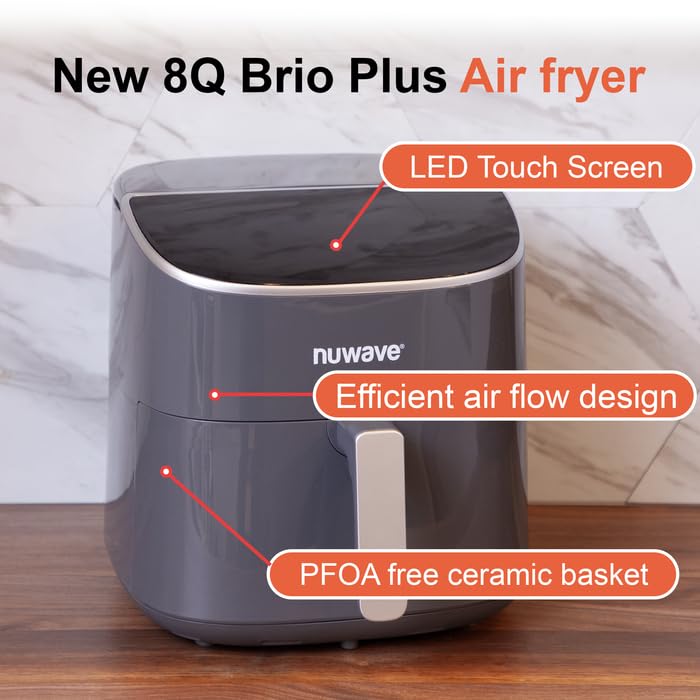 Nuwave 8QT Brio Air Fryer Plus - Digital LED Touch Screen, 50°F~400°F Temperature Range, 5° Precise Control, 3 Power Settings, 5 Cooking Functions, 50 Memory Presets, PFAS-Free, Cool Gray - Perfect for Healthy Frying, Baking, Roasting & Reheating at Home
