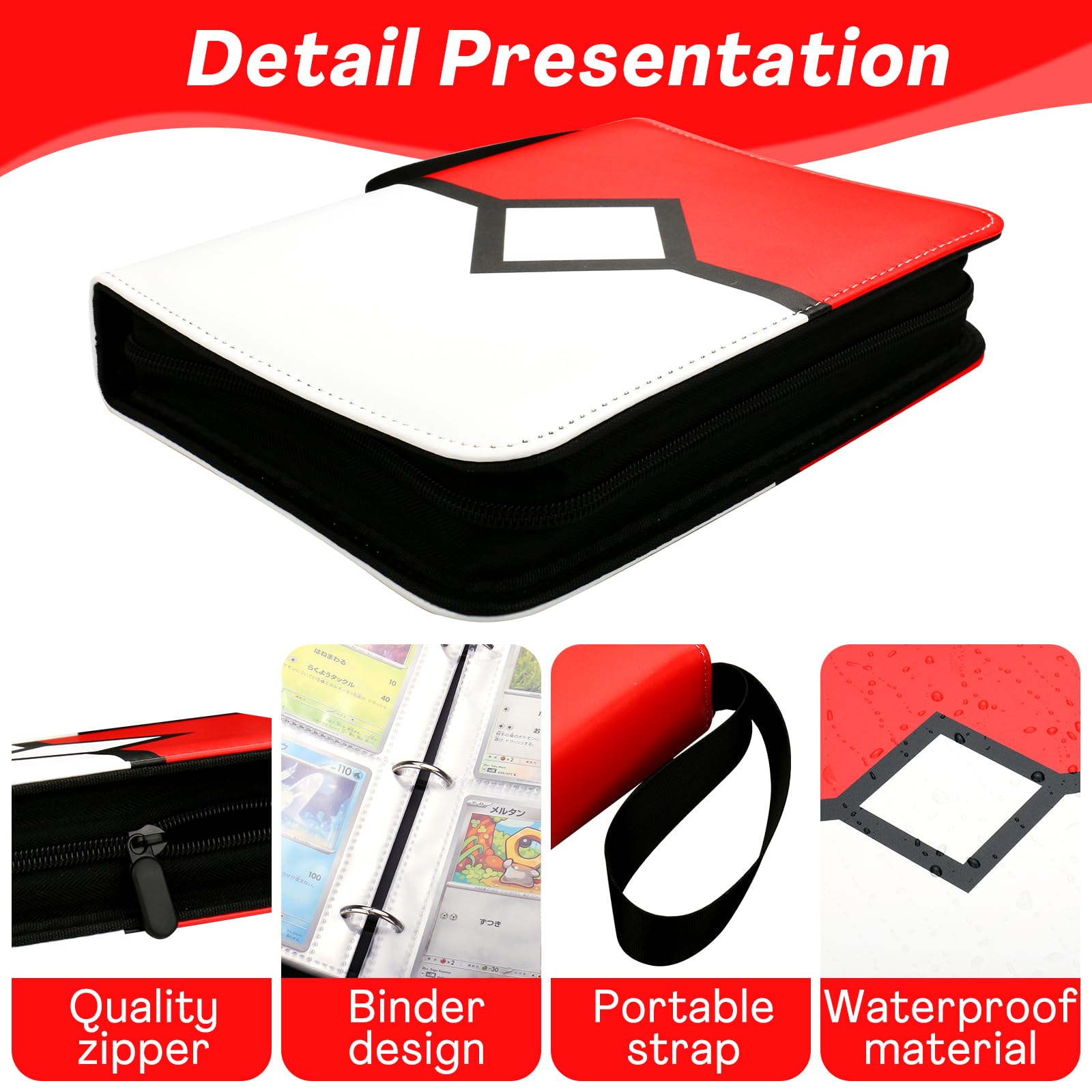 4-Pocket Card Binder Holds 400 Cards - 50 Page Trading Card Album with Zipper | Portable Sports & Game Card Organizer | Perfect for Collectors, TCG Players & Gift Giving (Red)