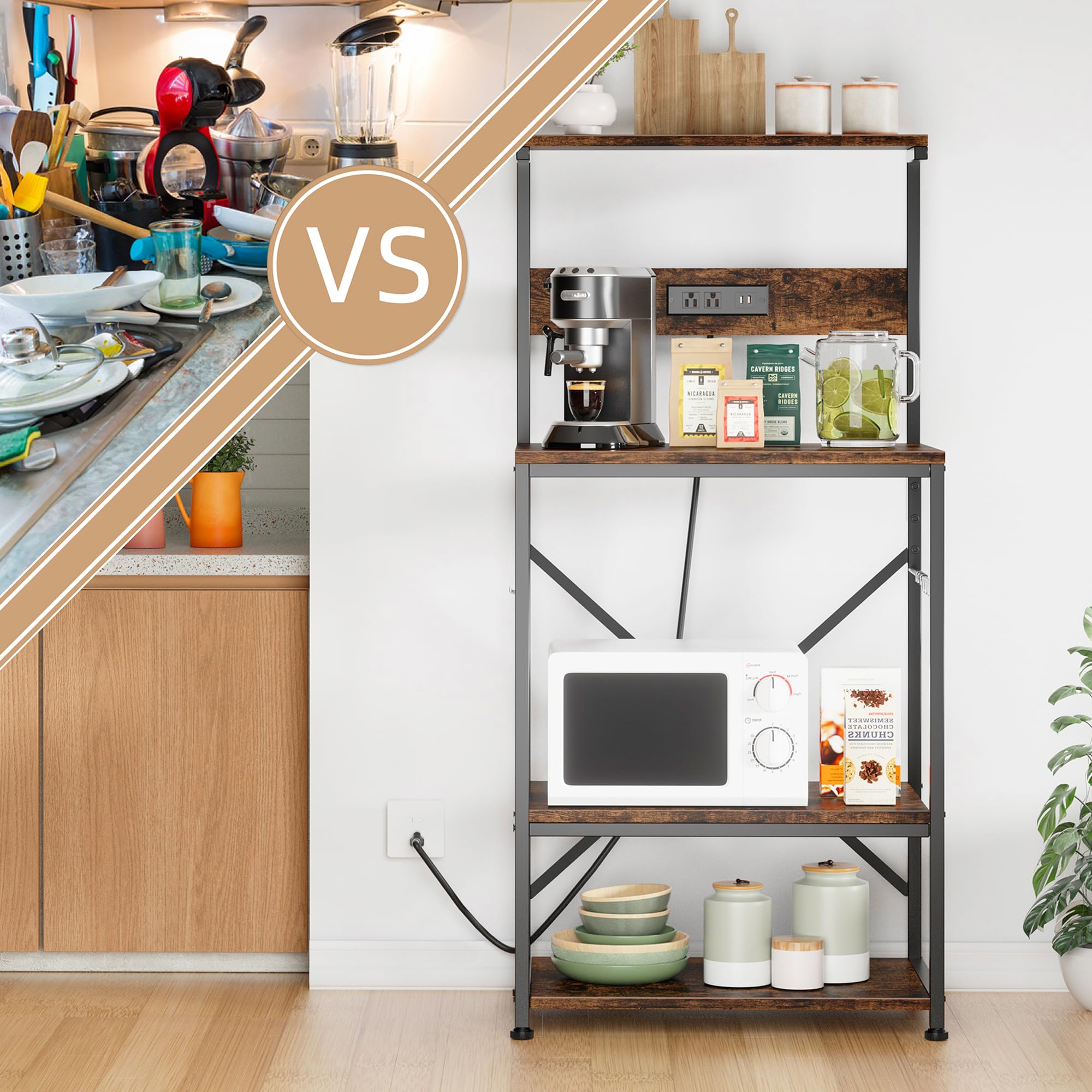JAMFLY 4-Tier Kitchen Bakers Rack with Power Outlet & 6 S-Hooks - Microwave Stand, Coffee Bar Organizer, Rustic Brown - Perfect for Small Kitchens, Apartments & Coffee Stations
