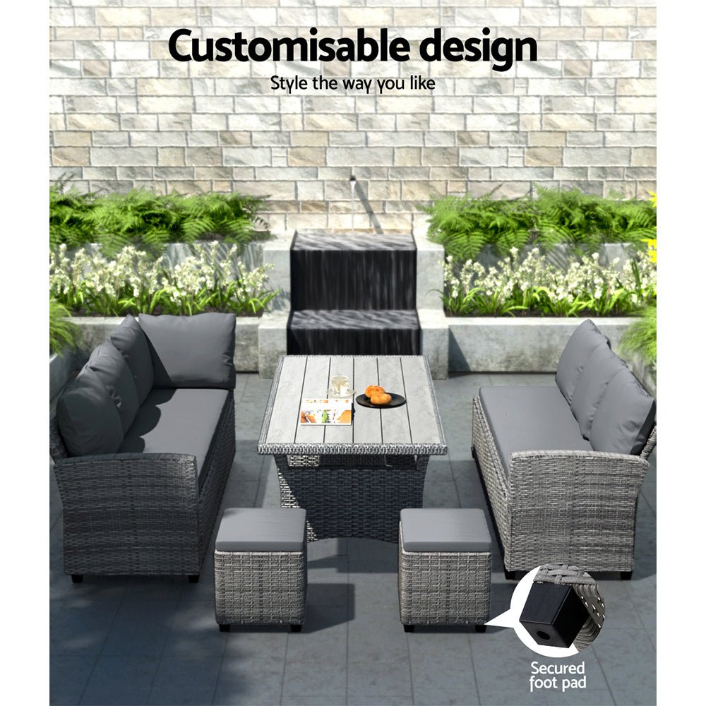 9-Piece Outdoor Wicker Patio Dining Set with Mixed Grey Cushions - Perfect for Backyard BBQs, Poolside Lounging & Garden Entertaining