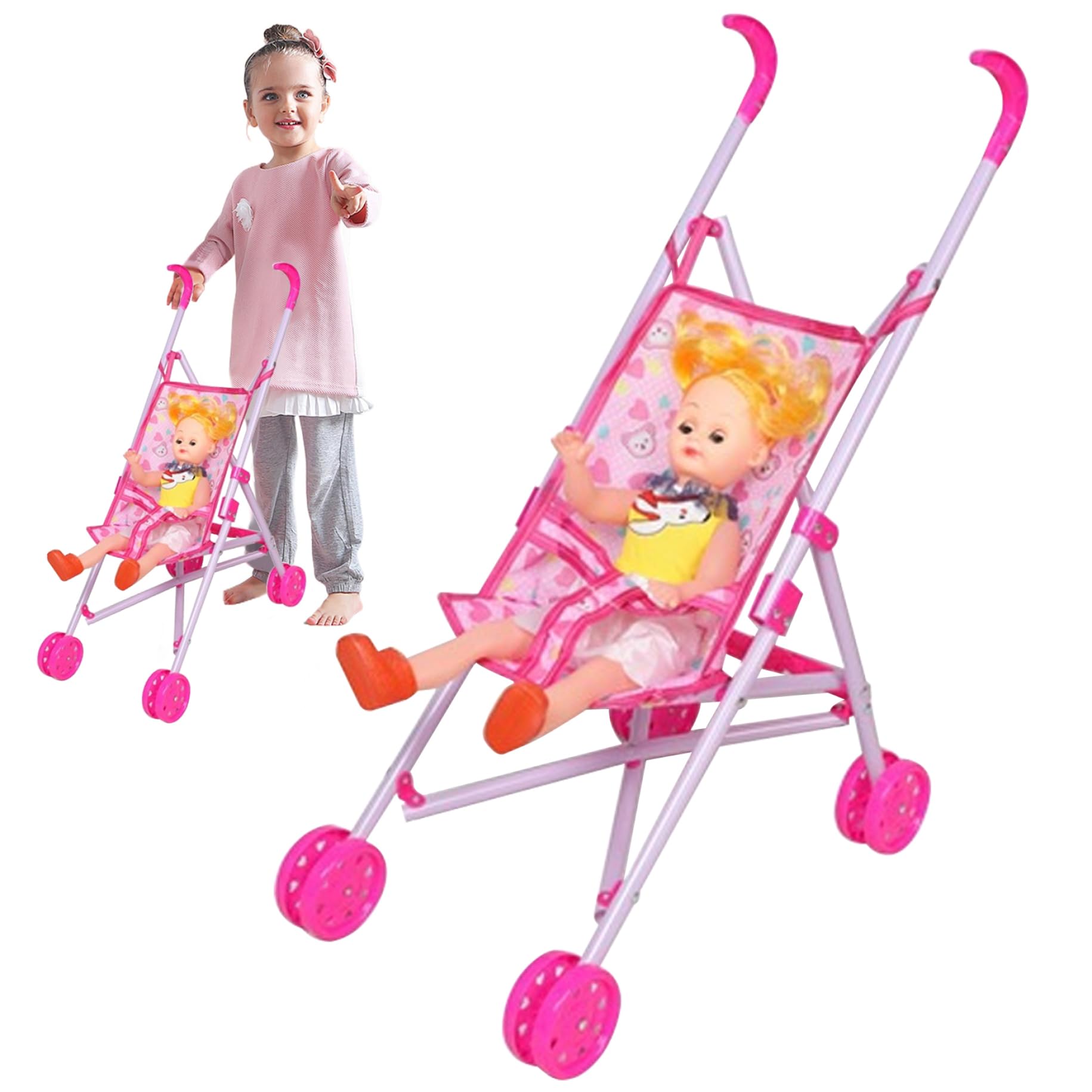 Baby Doll Carrier with Folding Stroller & Safety Belt - Pretend Play Doll Pram for Girls | Perfect for Indoor & Outdoor Role Play, Birthday Gifts & Toddler Parenting Simulation