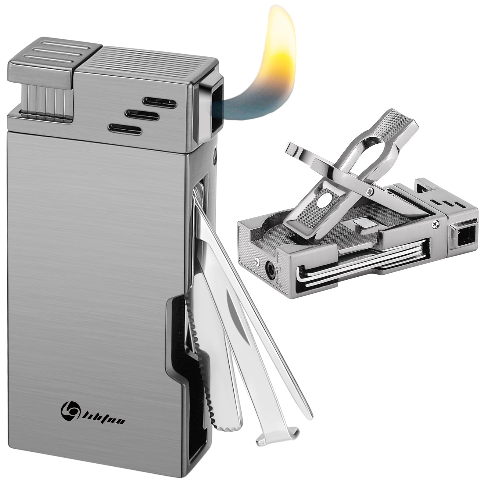 Refillable Butane Pipe Lighter with Stand - 5-in-1 Soft Flame Lighter with Stainless Steel Pipe Tools & Cleaner - Portable Indoor/Outdoor Use for Smoking Accessories - Great Gift Box Included