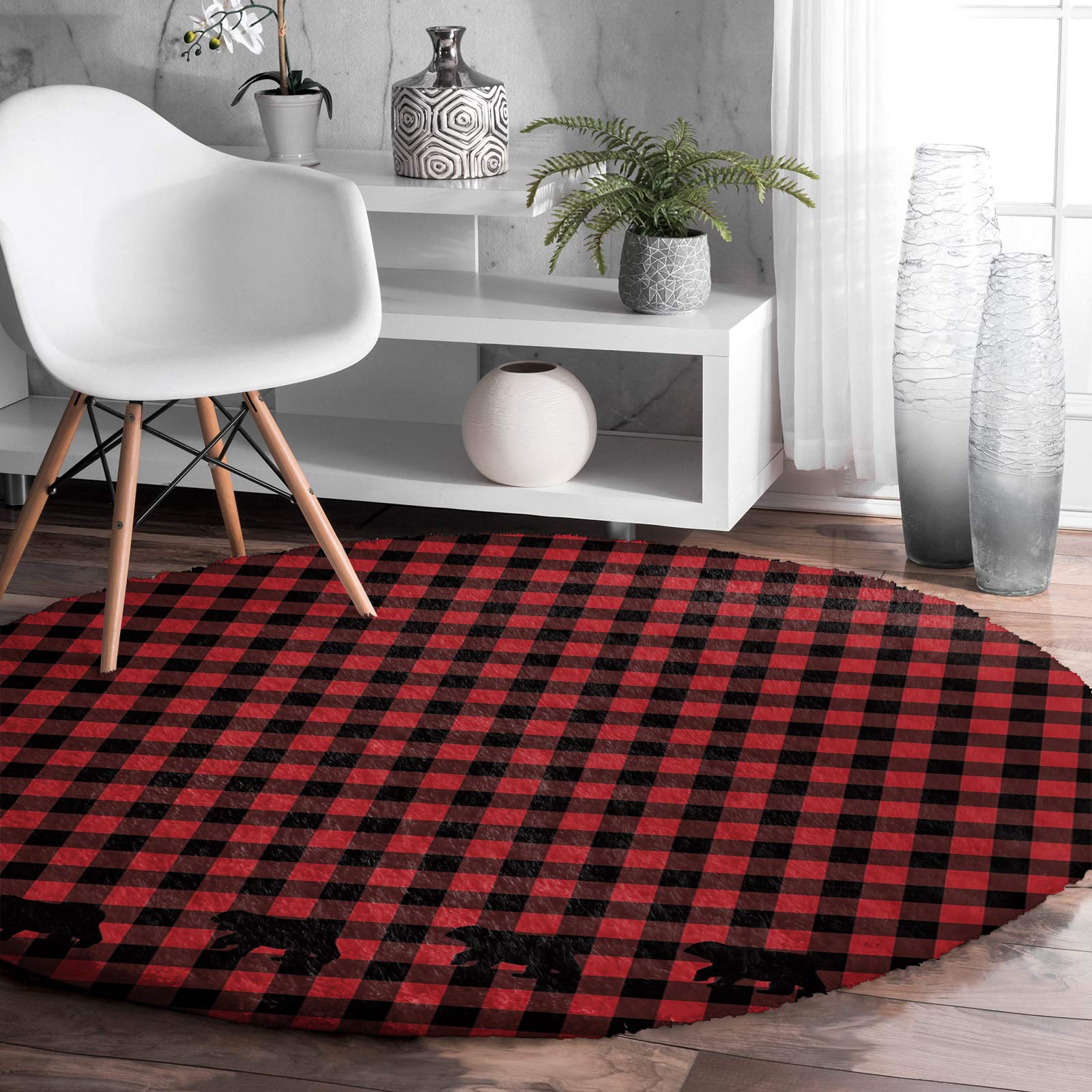 Kids Room Round Area Rug - Rustic Red Black Buffalo Check Plaid Design, Soft Plush Shag Carpet, Non-Slip Floor Mat for Nursery, Living Room & Bedroom Decor (3.3ft Diameter) - Perfect for Playrooms, Dorm Rooms and Cozy Home Spaces