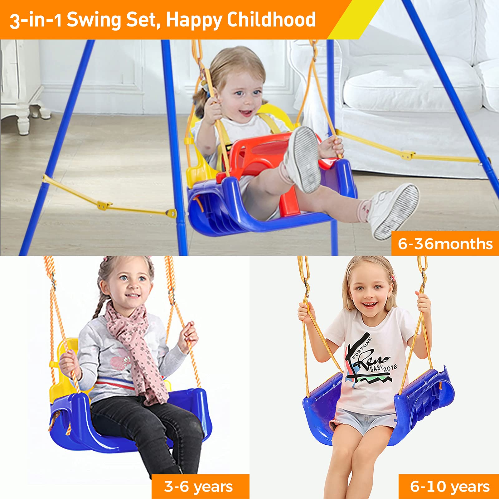 **FUNLIO 3-in-1 Toddler Swing Set with 4 Sandbags – Indoor/Outdoor Baby Swing with Foldable Metal Stand – Kids Backyard Swing Set – Easy Assembly & Storage – Perfect for Playgrounds, Parks & Home Use**
