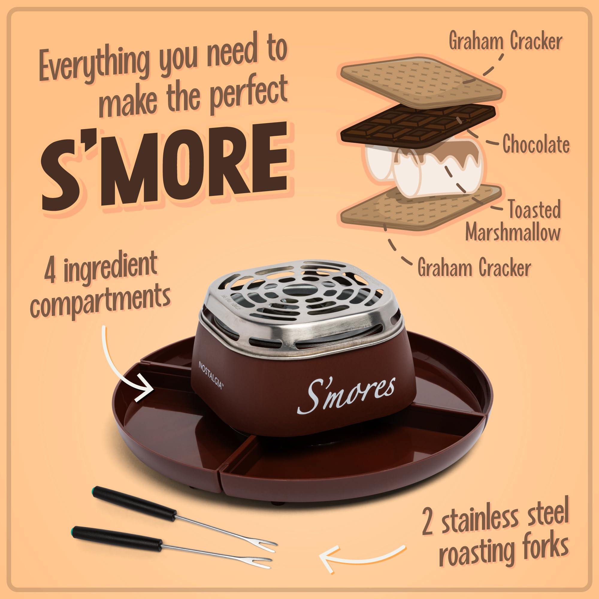 Nostalgia Indoor Electric S'mores Maker Kit with 4-Compartment Trays - Perfect for Family Movie Nights, Camping at Home, and Cozy Balcony Decor - Brown