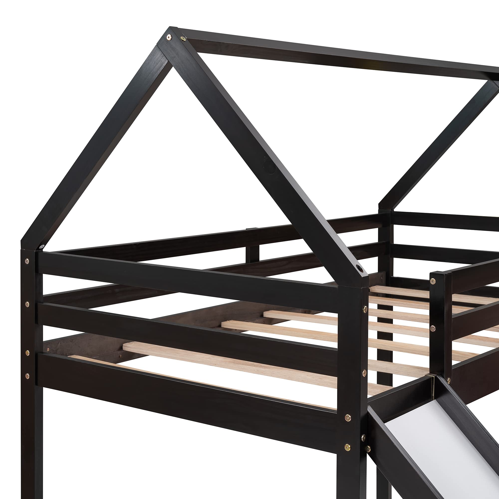 Twin Size Loft Bed with Slide - Wooden Space-Saving House Bed Frame for Kids, Play Tent Bed with Roof & Ladder, No Box Spring Needed (Espresso) - Perfect for Small Bedrooms, Playrooms & Kids' Sleepovers