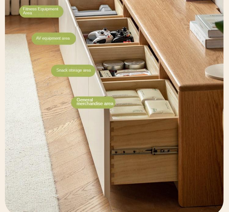 Solid Oak Wood Modern White Integrated Log Floor TV Stand - Stylish Storage for Living Room, Bedroom & Home Theater