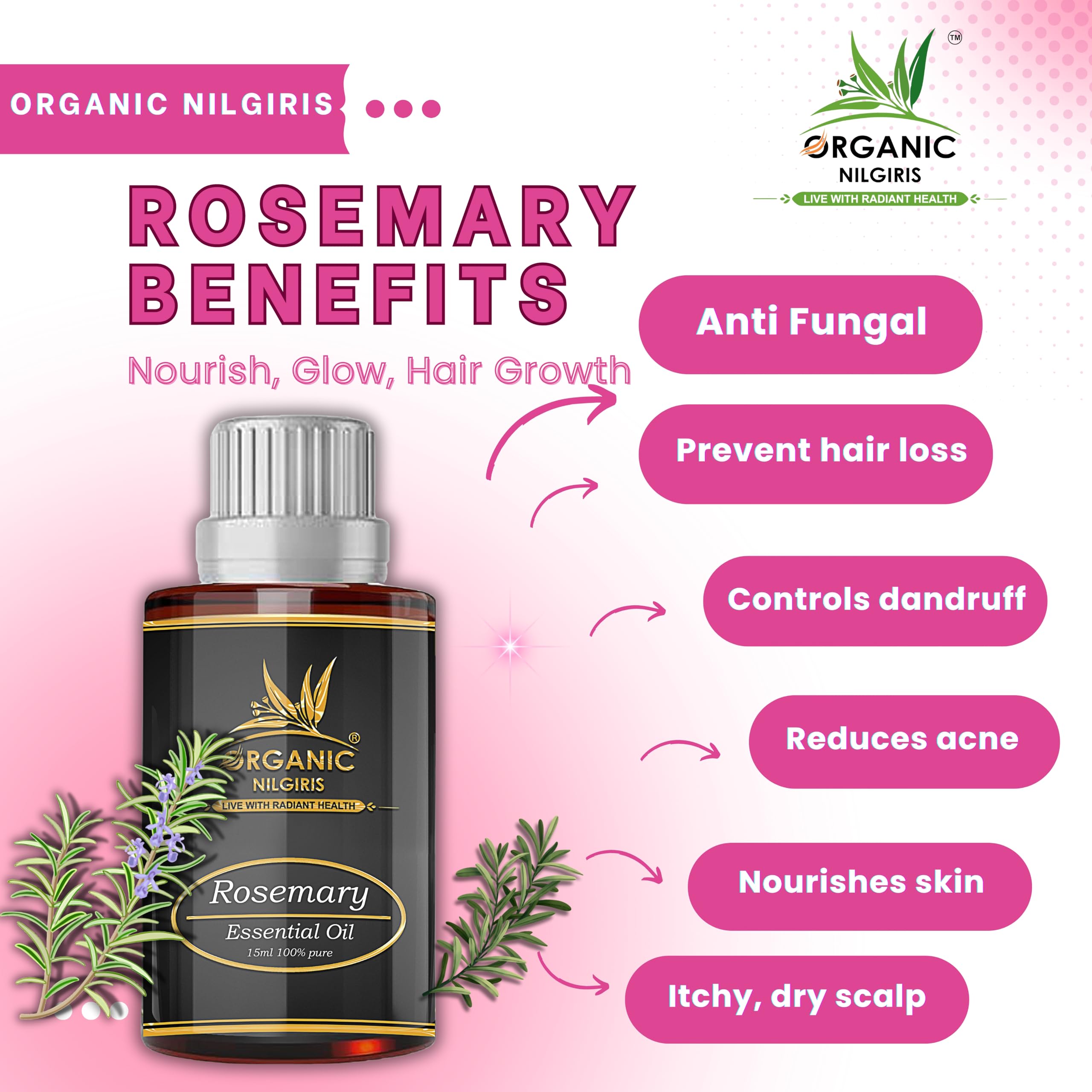 Organic Nilgiris Rosemary Essential Oil for Hair & Skin Care - 100% Pure, Cold Pressed, Natural Hair Growth & Nourishment - Promotes Healthy Scalp & Glowing Skin - Perfect for Aromatherapy, Massage & DIY Beauty Products