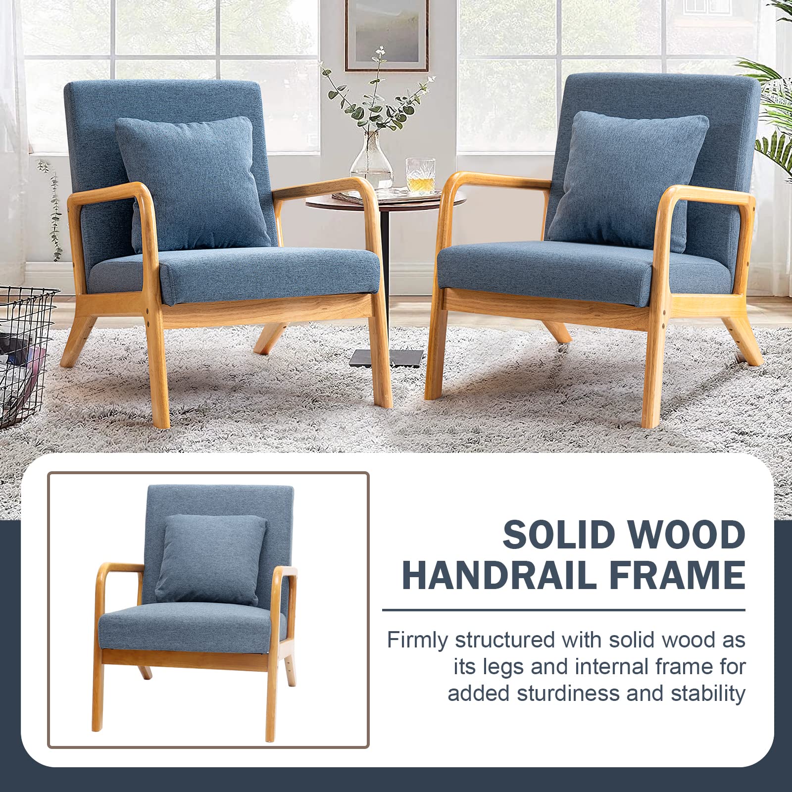 Mid-Century Modern Accent Chair - Solid Wood Frame Armchair with Soft Cushion & Pillow - Comfortable Deeper Sitting Chair for Living Room, Bedroom, Balcony - Perfect for Relaxing, Reading & Home Decor (Navy Blue)