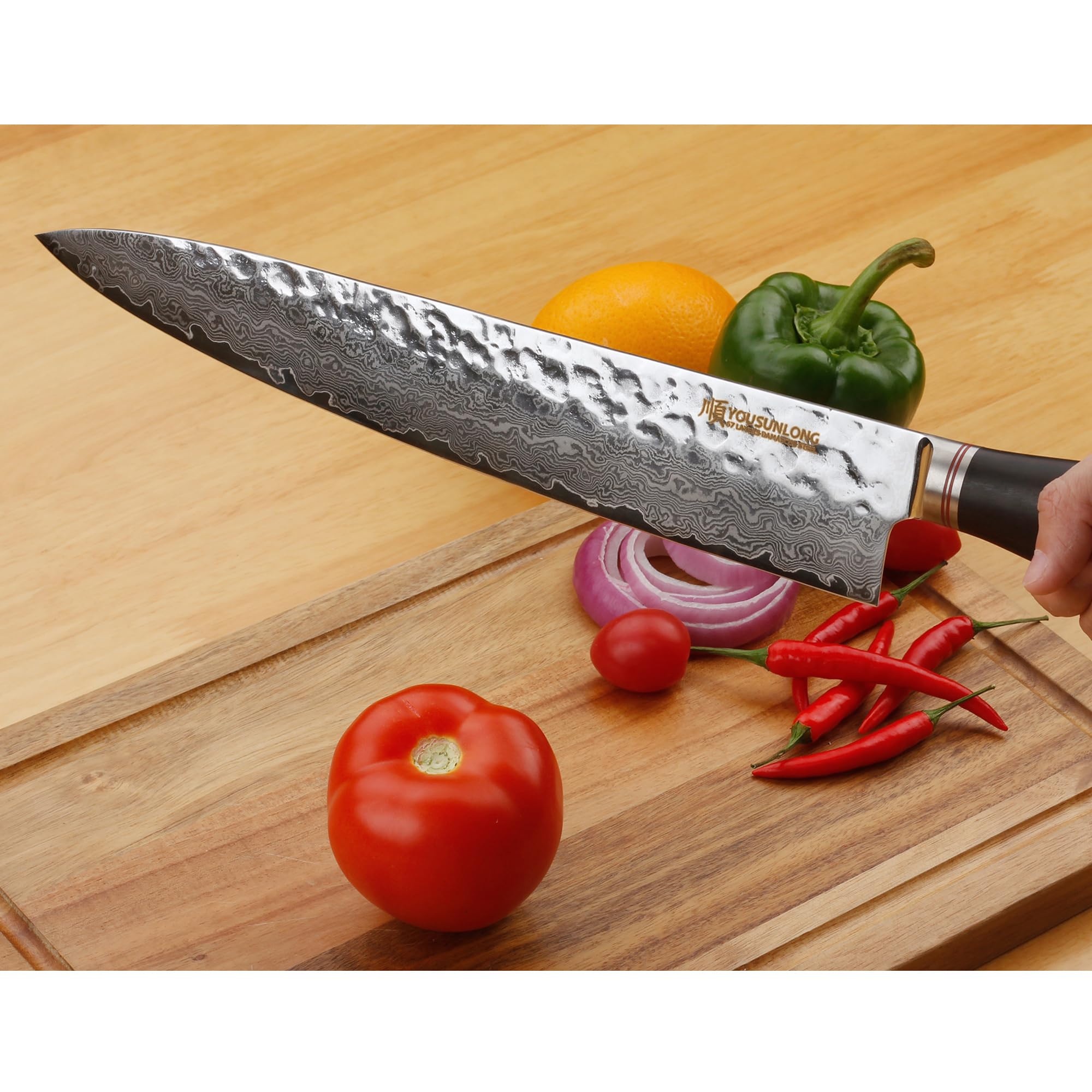 YOUSUNLONG 12-inch Professional Japanese Damascus Steel Gyuto Chef Knife - Razor Sharp Kitchen Knife with Hammered Finish & Ebony Wood Handle - Includes Leather Sheath - Perfect for Slicing, Dicing, and Precision Cooking