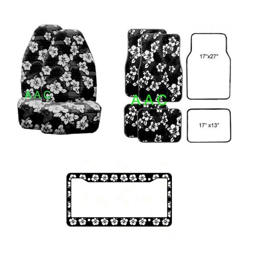 7-Piece Premium Car Accessories Gift Set - 4 Custom Floor Mats (2 Front & 2 Rear), 2 Luxury Highback Seat Covers, 1 Durable License Plate Frame - Hawaiian Tropical Design - Perfect for Car Enthusiasts & Holiday Gifts
