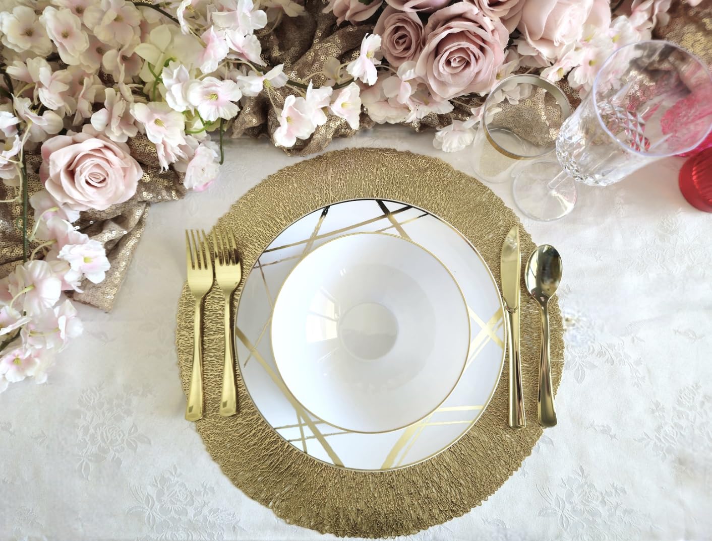 120-Piece Pressed Vinyl Metallic Placemats Set - Elegant Gold & Reef Wedding Table Decor for Reception, Party, and Special Events