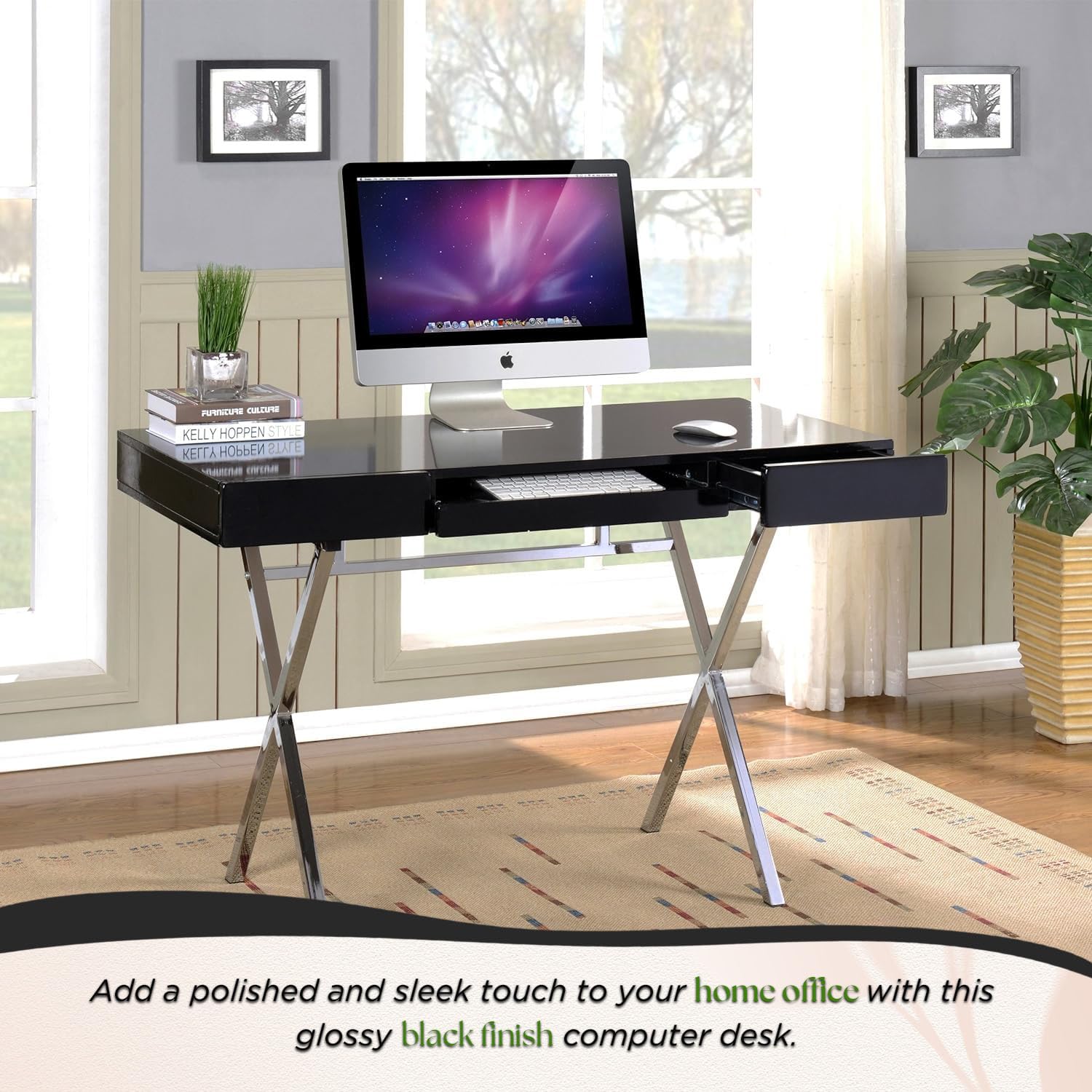 Kings Brand Modern Home & Office Desk - Black Chrome Contemporary Writing Desk for Study, Workstation & Home Office
