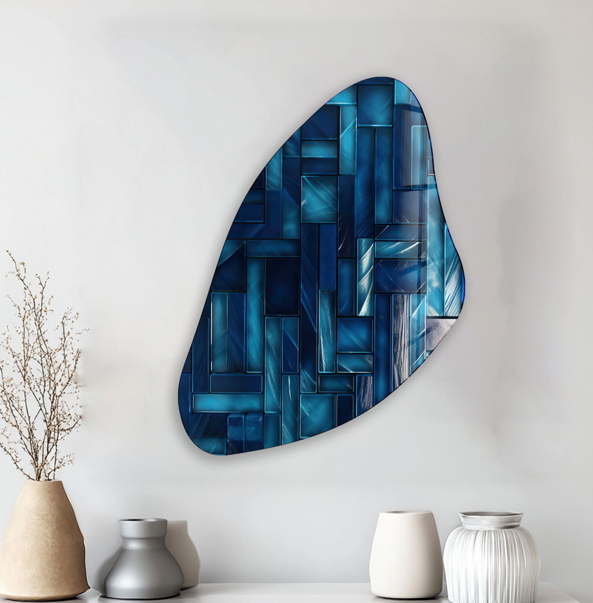 Blue Mosaic Tile Irregular Glass Wall Art - Handmade Decorative Mosaic for Kitchen Backsplash, Bathroom, and Living Room Decor