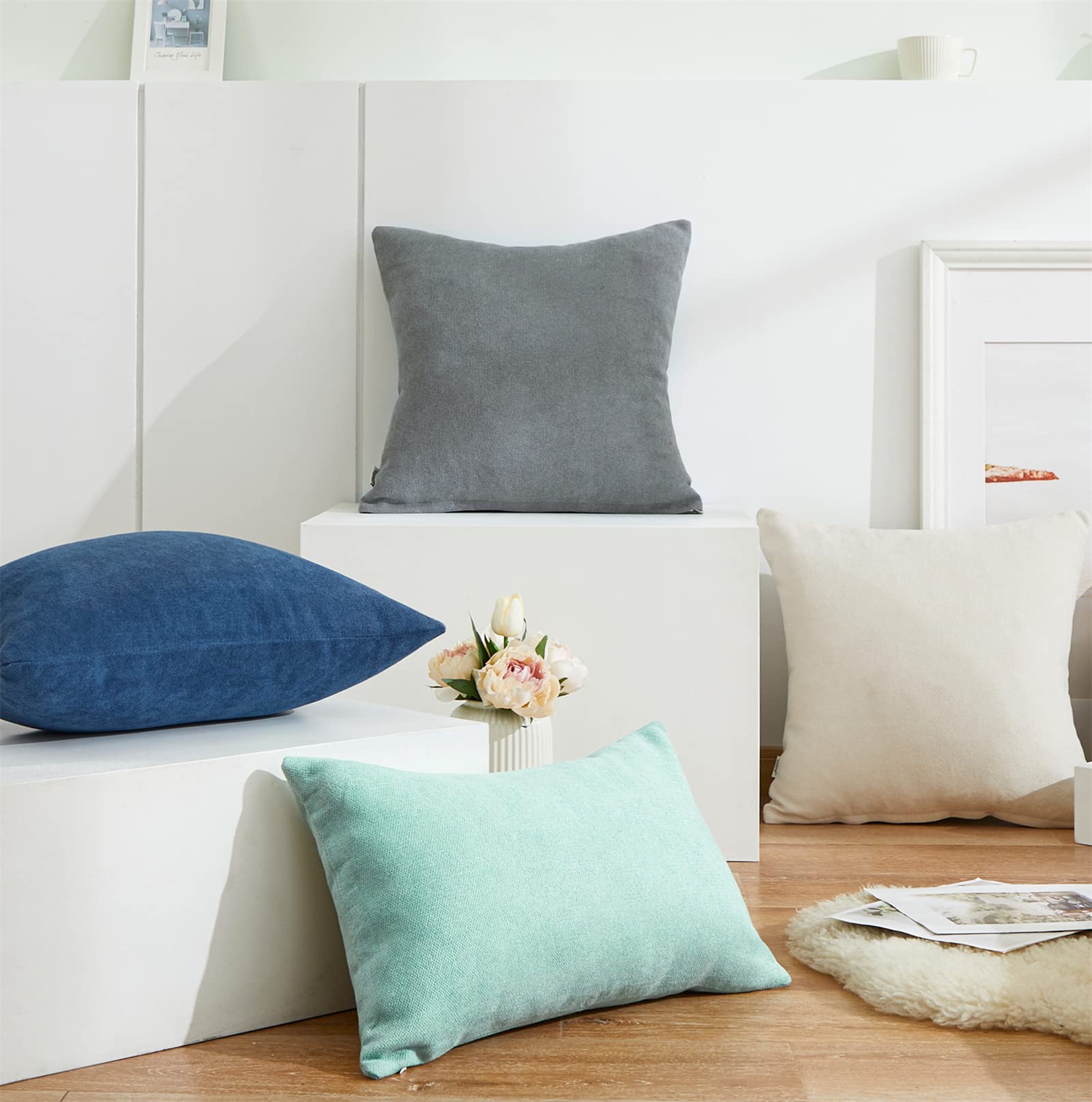 Premium Soft Chenille Decorative Pillow Covers 12x20 Inches - 2 Pack Solid Off-White Cushion Covers for Sofa, Bed, Living Room & Car - Cozy Home Decor Accent for Couches, Chairs and Vehicles