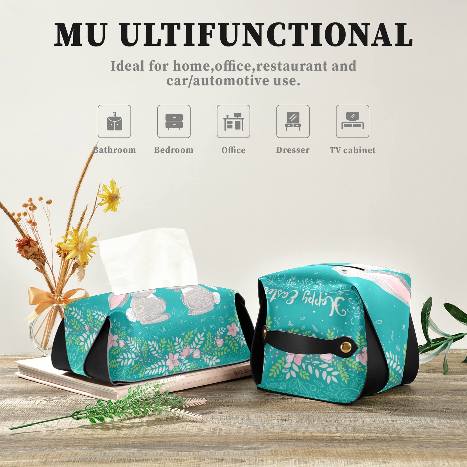 Happy Easter Two Hares Floral Wreath Leather Tissue Box Cover - Turquoise Square with Handle for Bathroom, Home, Office & Car (9.4x5.1x3.6 in) - Perfect for Easter Decor, Vanity Countertops & Nightstands