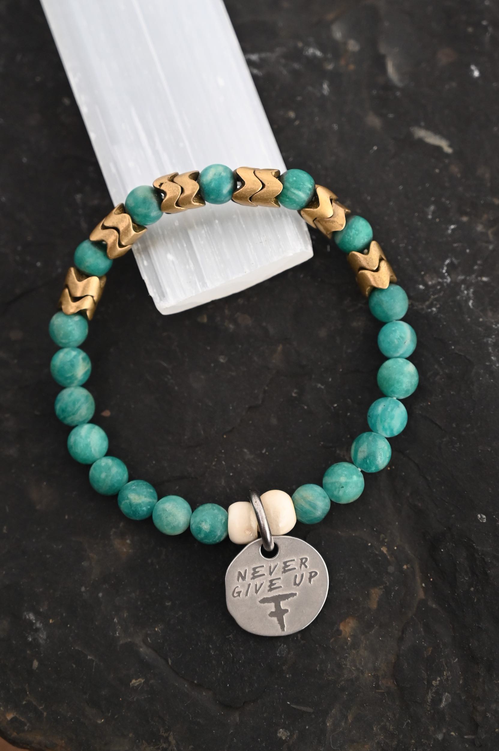 Never Give Up Warrior Amazonite Bracelet - Healing Crystal Jewelry for Strength & Motivation - Perfect for Meditation, Yoga & Daily Inspiration