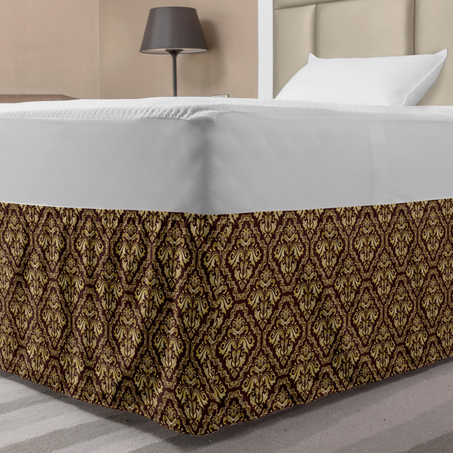 Ambesonne Yellow Damask Bed Skirt - Baroque Style Floral Pattern in Symmetrical Geometric Frames, Elastic Dust Ruffle Wrap Around for Queen/King Size Beds | Perfect for Vintage Home Decor & Bedroom Makeovers