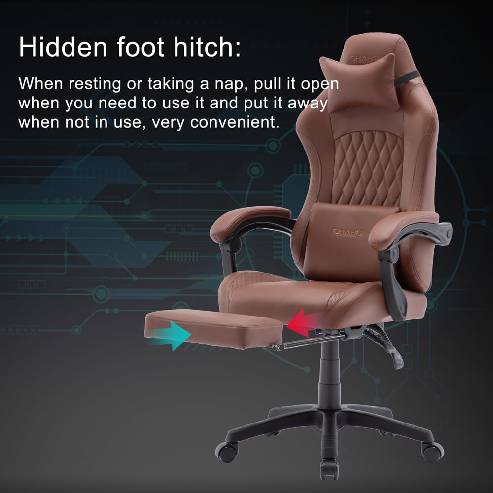 OHAHO Ergonomic Gaming Chair with Adjustable Footrest & Lumbar Support - 360° Swivel Height-Adjustable Office Chair with Headrest for PC Gaming & Home Office Work (Tan) - Perfect for Esports, Streaming & Long Work Sessions