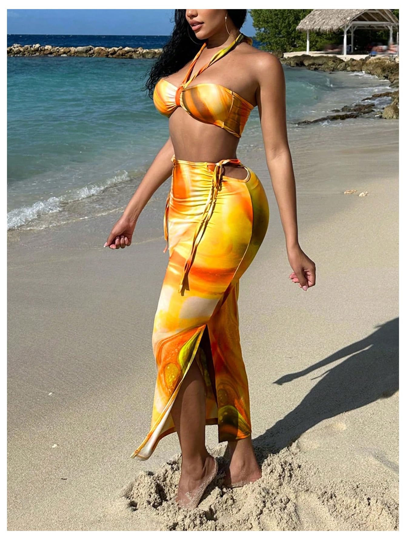 Stylish Women's 2 Piece Outfit Set - Marble Print Tie Back Crop Halter Top & High Slit Maxi Skirt | Summer Beachwear, Party Dress, Boho Chic Fashion