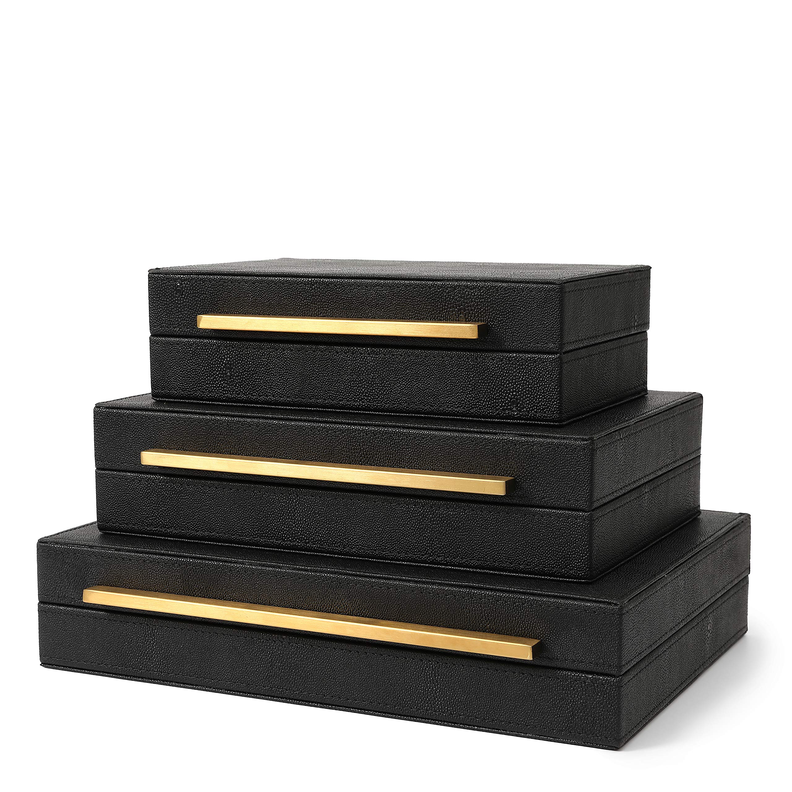 Kingflux Faux Black Shagreen Leather Decorative Storage Box Set - 3 Piece Jewelry & Accessory Organizer for Men & Women - Perfect for Dresser, Vanity, Nightstand & Home Decor (Black)