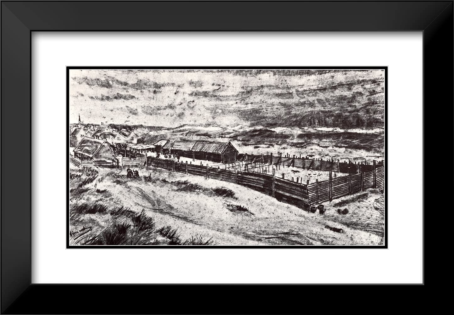 Van Gogh 'Fish Drying Barn' 24x17 Inch Black Modern Framed Art Print with Double Mat - Premium Wall Decor for Living Room, Bedroom & Office