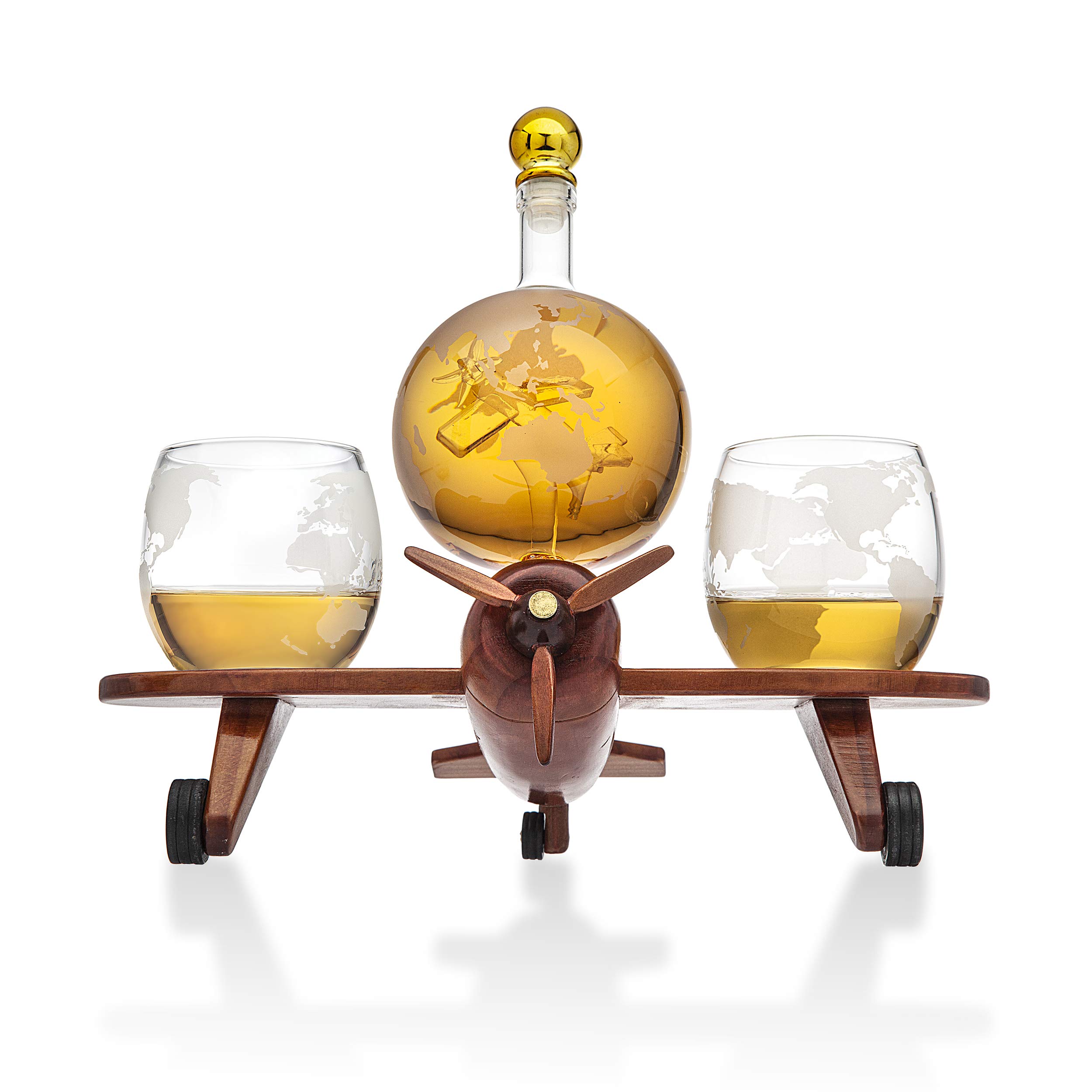 Premium Godinger Whiskey Decanter Airplane Globe Set with 2 Crystal Whiskey Glasses - Luxury Scotch Bourbon Vodka Liquor Gift Set for Home Bar, Office & Special Occasions