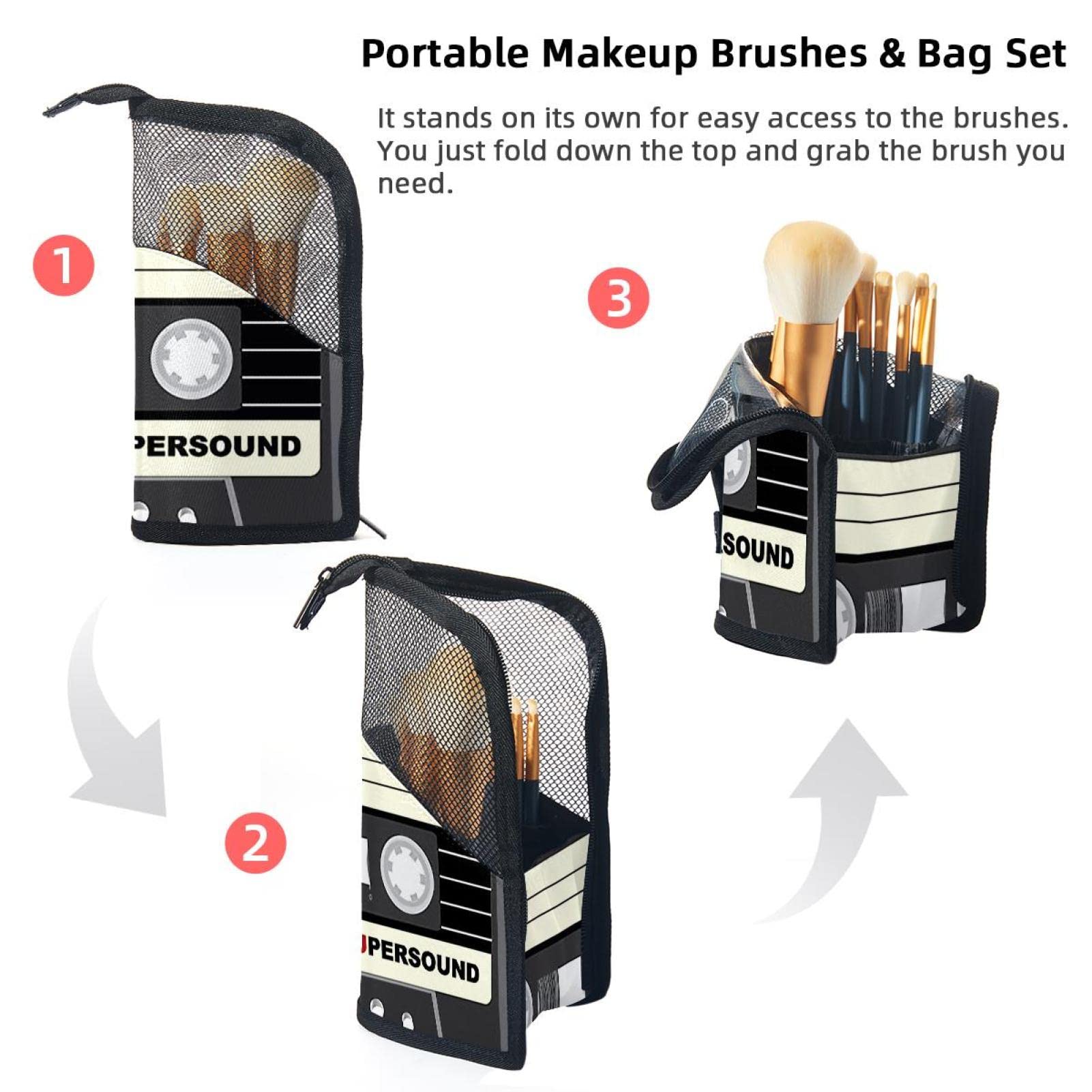 Retro Cassette Tape Makeup Brush Organizer Bag - Portable Travel Cosmetic Brush Holder Case with 12 Slots | Perfect for Makeup Artists, Travel & Home Storage