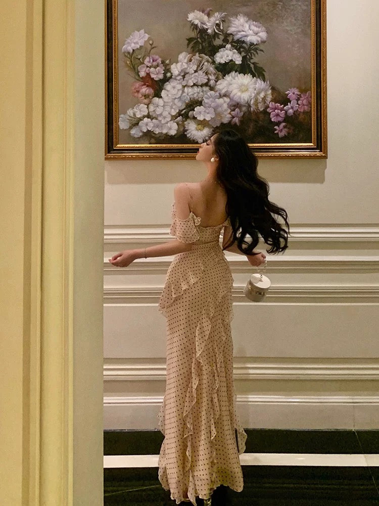 Elegant Dots Chiffon Evening Dress with Ruffles & High Slit - Formal Prom Gown J6178 for Special Occasions & Red Carpet Events