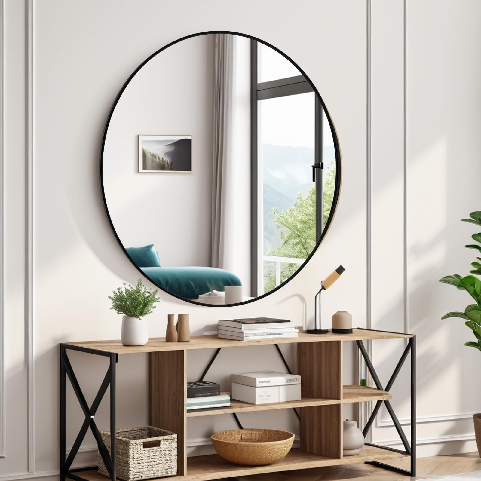39 Inch Large Round Mirror - Black Metal Frame Modern Oversized Circle Wall Mirror for Bathroom, Living Room & Bedroom | Decorative Vanity Mirror Over Sink, Entryway & Washrooms | Perfect for Home Decor & Interior Design