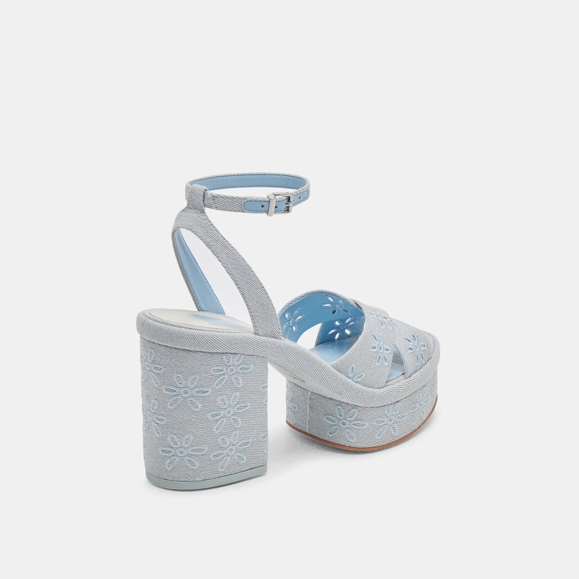 LAISHA Women's Light Blue Floral Eyelet Heels - Comfortable High Heel Sandals for Weddings, Parties & Summer Outfits