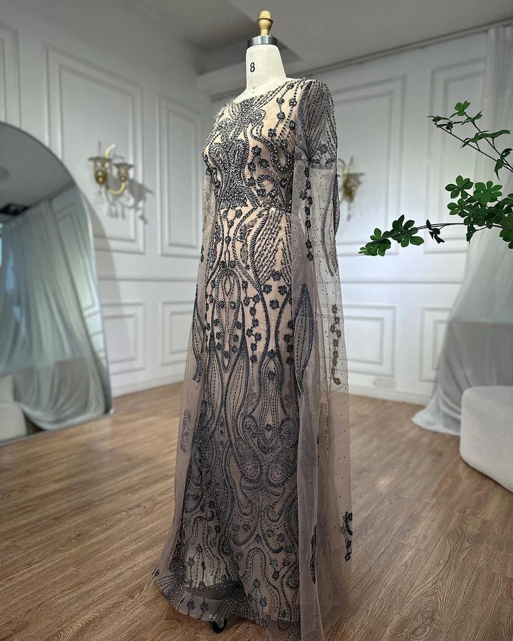 Elegant Brown Arabic Mermaid Evening Dress with Cape Sleeves - 2025 Luxury Beaded Gown for Women - Perfect for Prom, Wedding Guest & Formal Parties