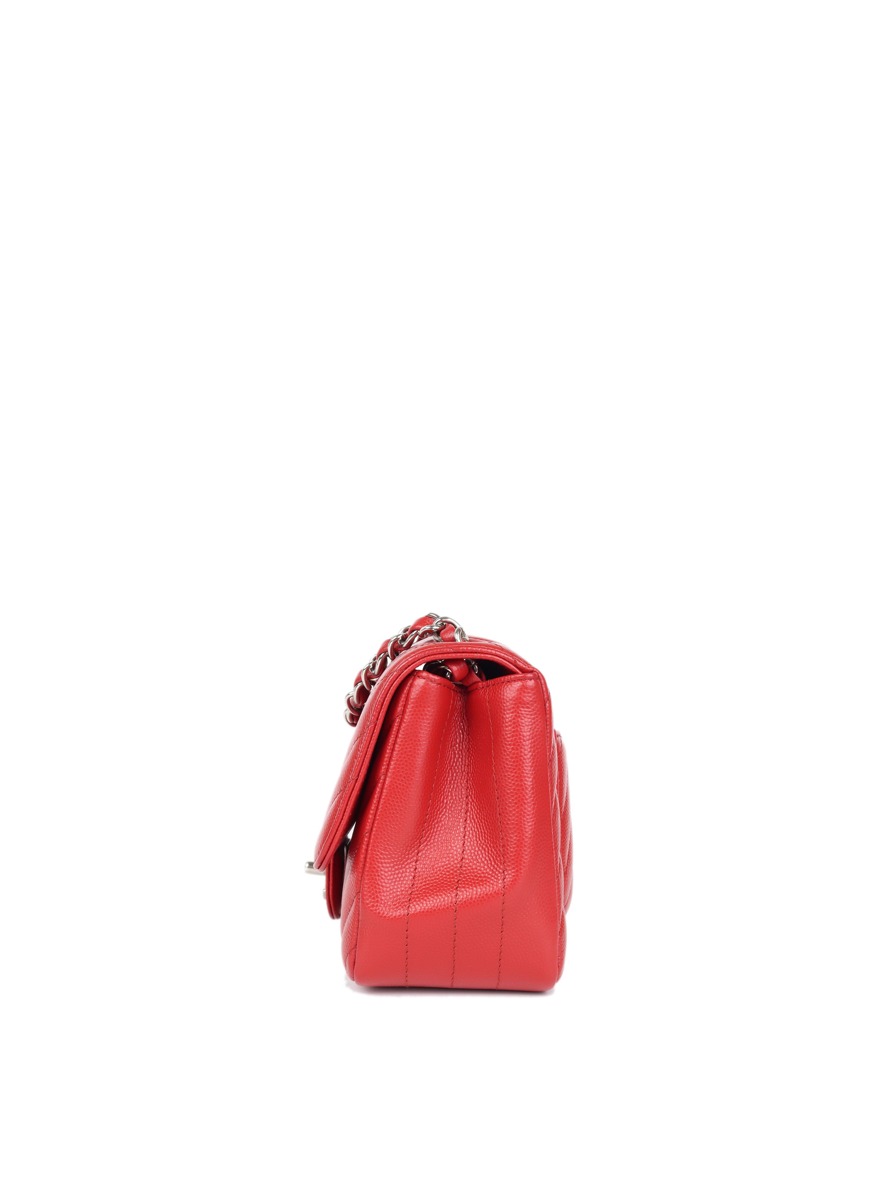 Chanel Red Caviar Chevron Mini Square Classic Flap Bag with Silver Hardware - Luxury Crossbody Purse for Women, Perfect for Evening Parties & Special Occasions