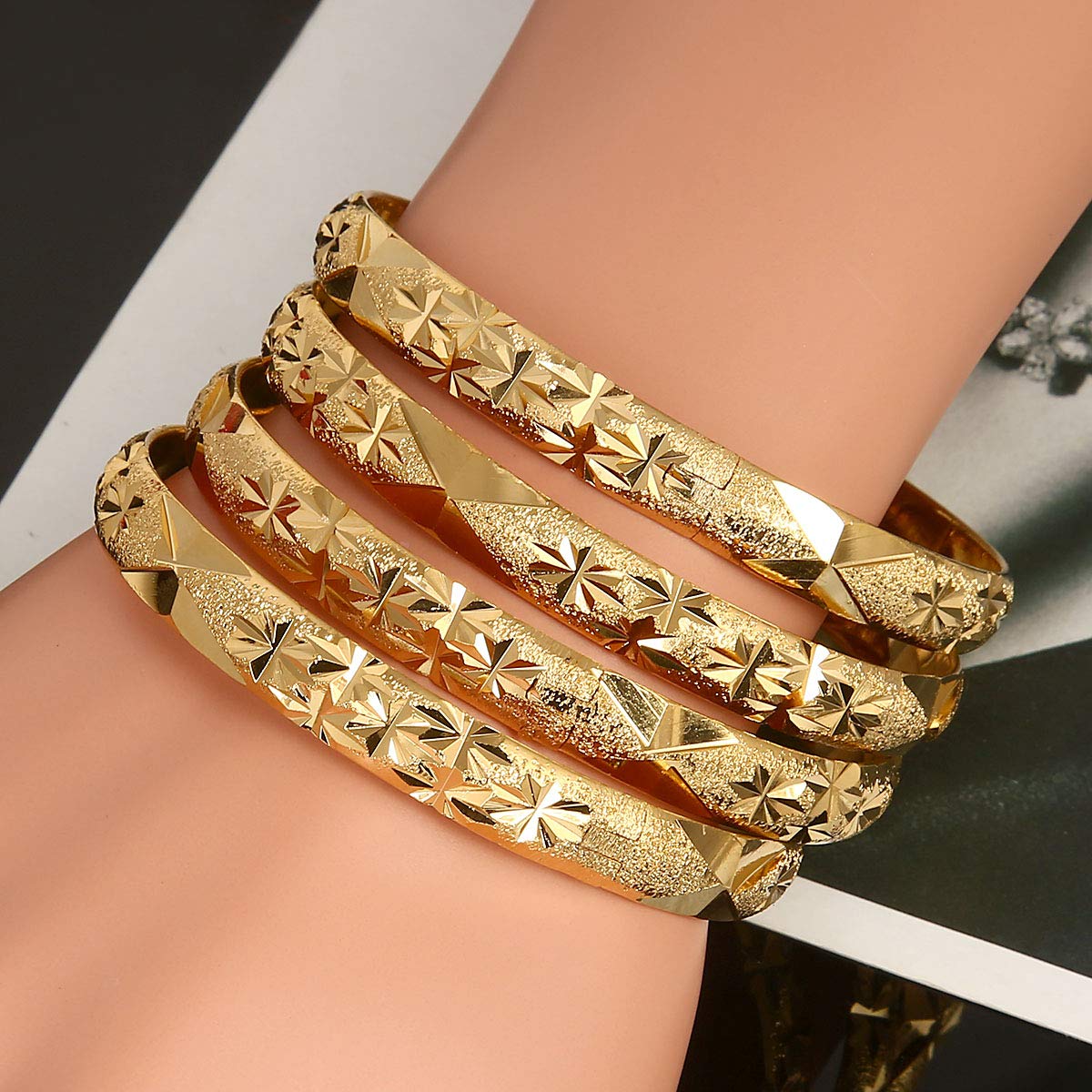 4pcs Ethiopian Gold Color Bangles - African Tribal Jewelry for Women - Perfect for Weddings, Parties & Cultural Events | Handmade Dubai Style Bracelets
