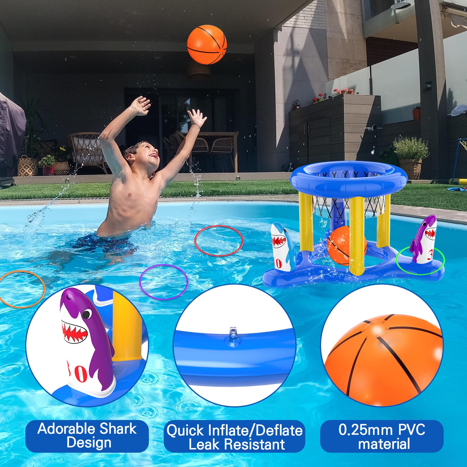 **2-in-1 Pool Floats Toys Set - Ring Toss & Basketball Hoop Water Games for Kids, Teens & Adults - Fun Swimming Pool, Lake, Ocean & Backyard Party Games (Blue)**    *(Perfect for Summer Parties, Beach Trips, Family Gatherings & Outdoor Water Fun!)*