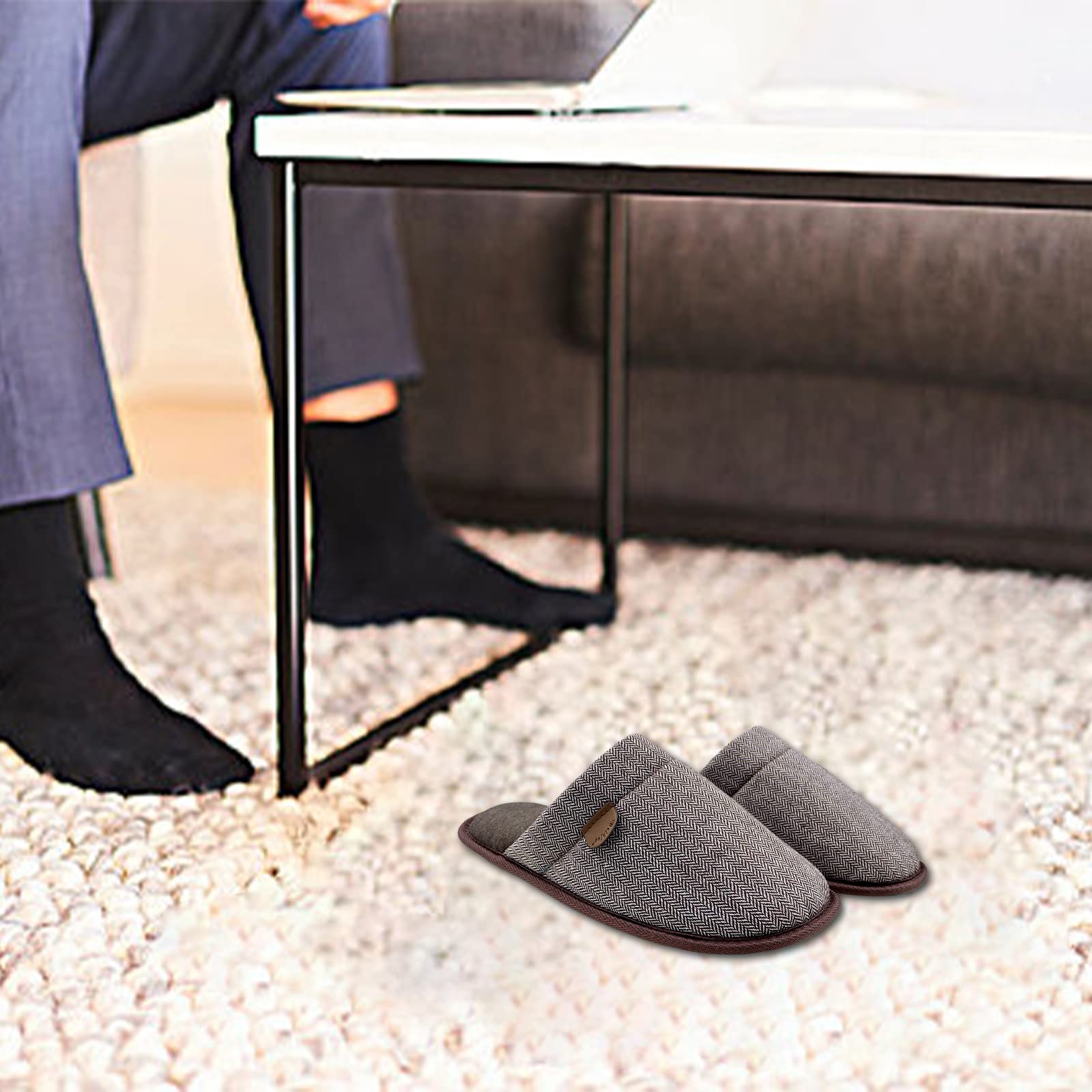 WALKFUN Men's Memory Foam House Slippers - Comfortable Indoor Slides with Full Toe Coverage for Home, Bedroom & Lounge - Warm Non-Slip Sandals for Relaxation