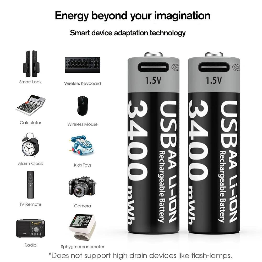 MATOV USB Rechargeable AA & AAA Lithium Ion Batteries - 3400mWh 1.5V AA Battery + 1100mWh 1.5V AAA Battery Pack for Cameras, Flashlights, Toys & Electronics