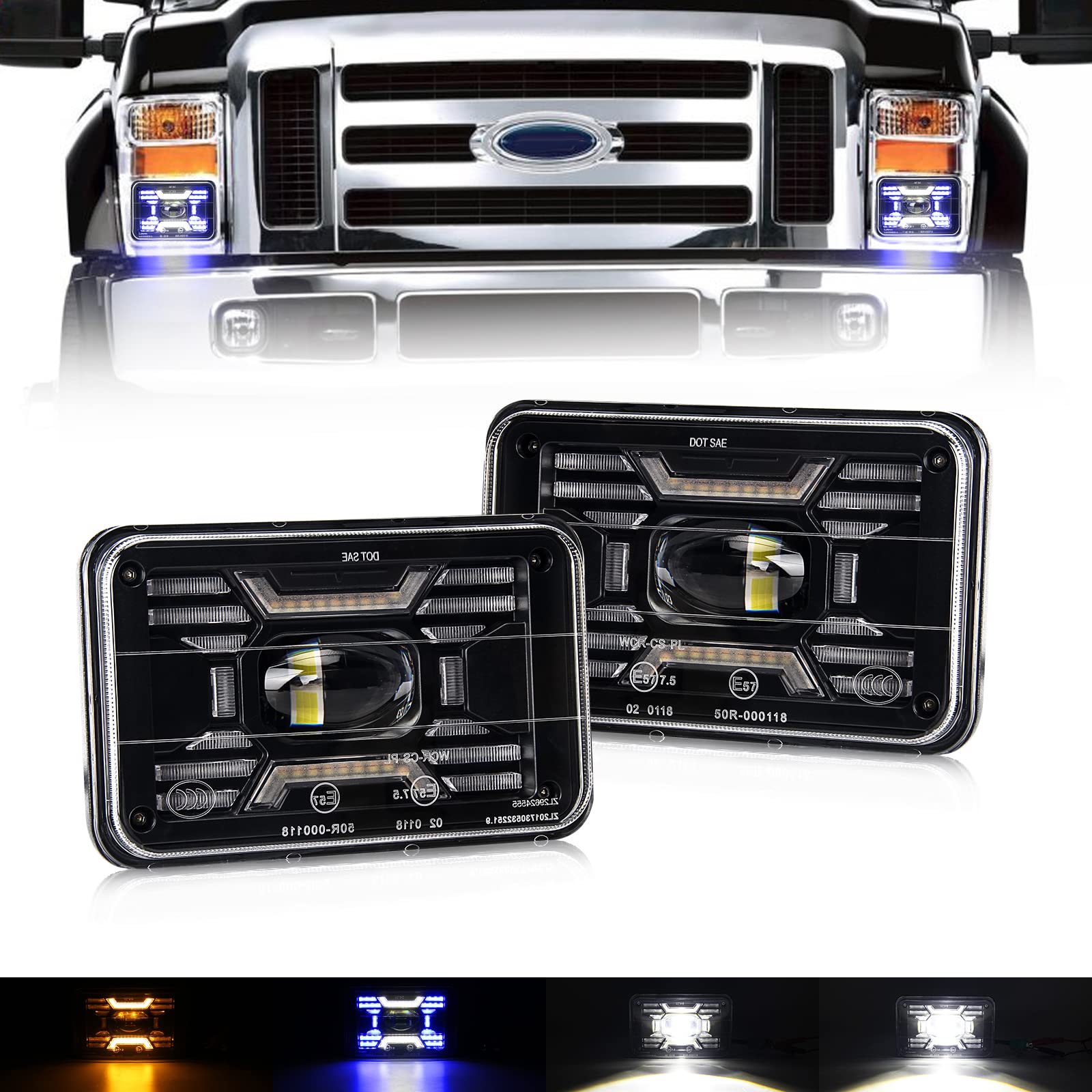 4x6 Inch LED Headlights with White/Blue DRL Halo & Amber Turn Signal - 80W Square Headlight Replacement for Peterbilt, Kenworth, Freightliner, Chevrolet, Oldsmobile Cutlass Trucks (2-Pack) - Perfect for Night Driving & Off-Road Adventures