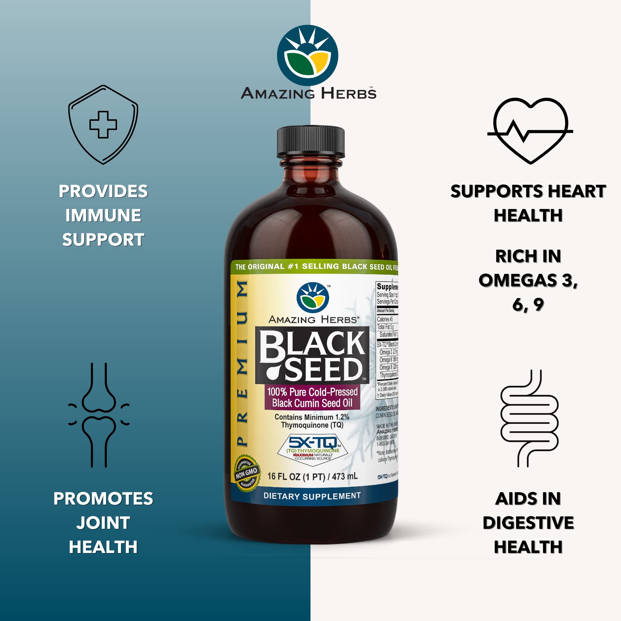 Premium Black Seed Oil - Cold Pressed Nigella Sativa for Digestive Health, Immune Support & Brain Function | Gluten Free, Non-GMO | 16 Fl Oz (Pack of 2) | Perfect for Daily Wellness & Natural Remedies